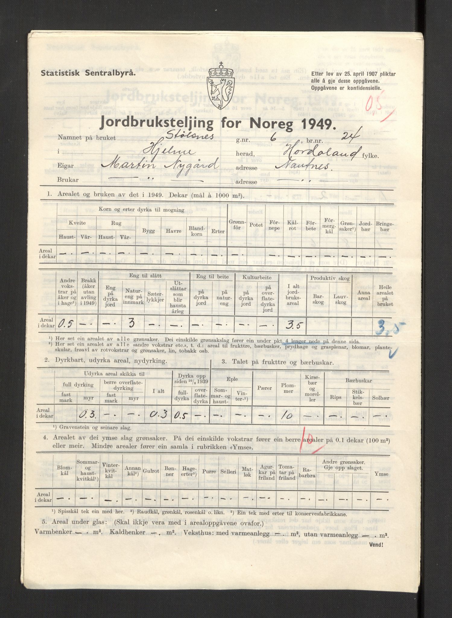 Statistisk sentralbyrå, Næringsøkonomiske emner, Jordbruk, skogbruk, jakt, fiske og fangst, AV/RA-S-2234/G/Gc/L0276: Hordaland: Herdla og Hjelme, 1949, p. 1138