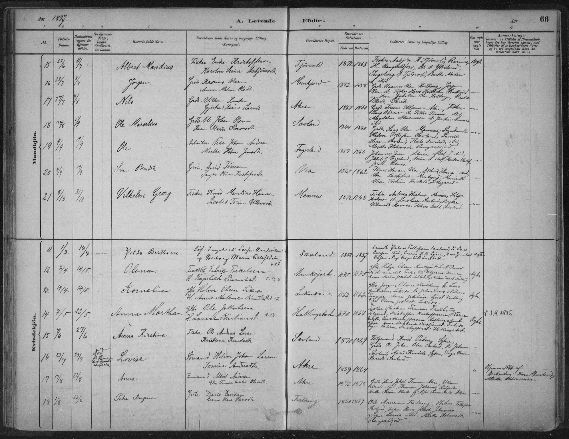 Kopervik sokneprestkontor, AV/SAST-A-101850/H/Ha/Haa/L0004: Parish register (official) no. A 4, 1882-1905, p. 66