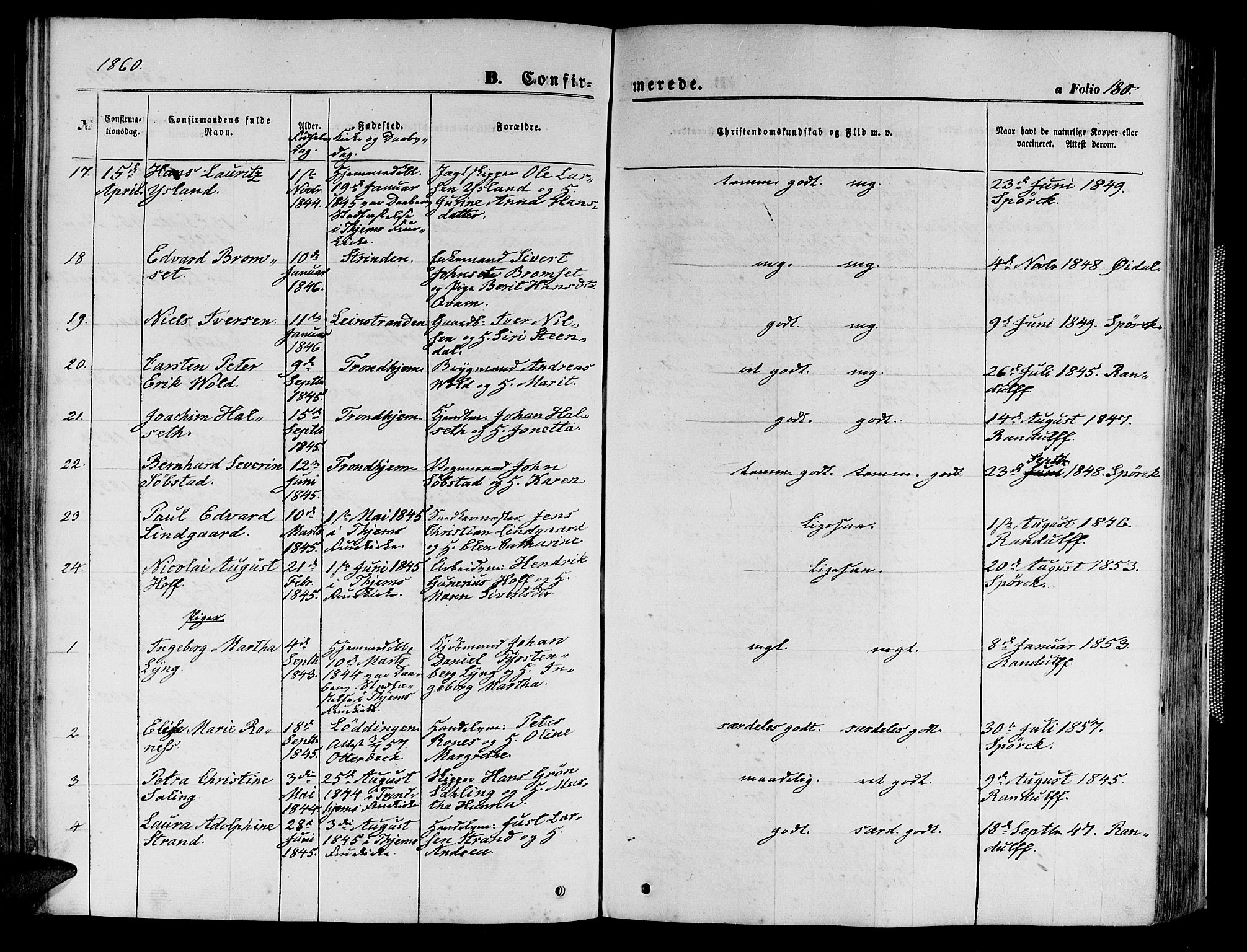 Ministerialprotokoller, klokkerbøker og fødselsregistre - Sør-Trøndelag, AV/SAT-A-1456/602/L0139: Parish register (copy) no. 602C07, 1859-1864, p. 180