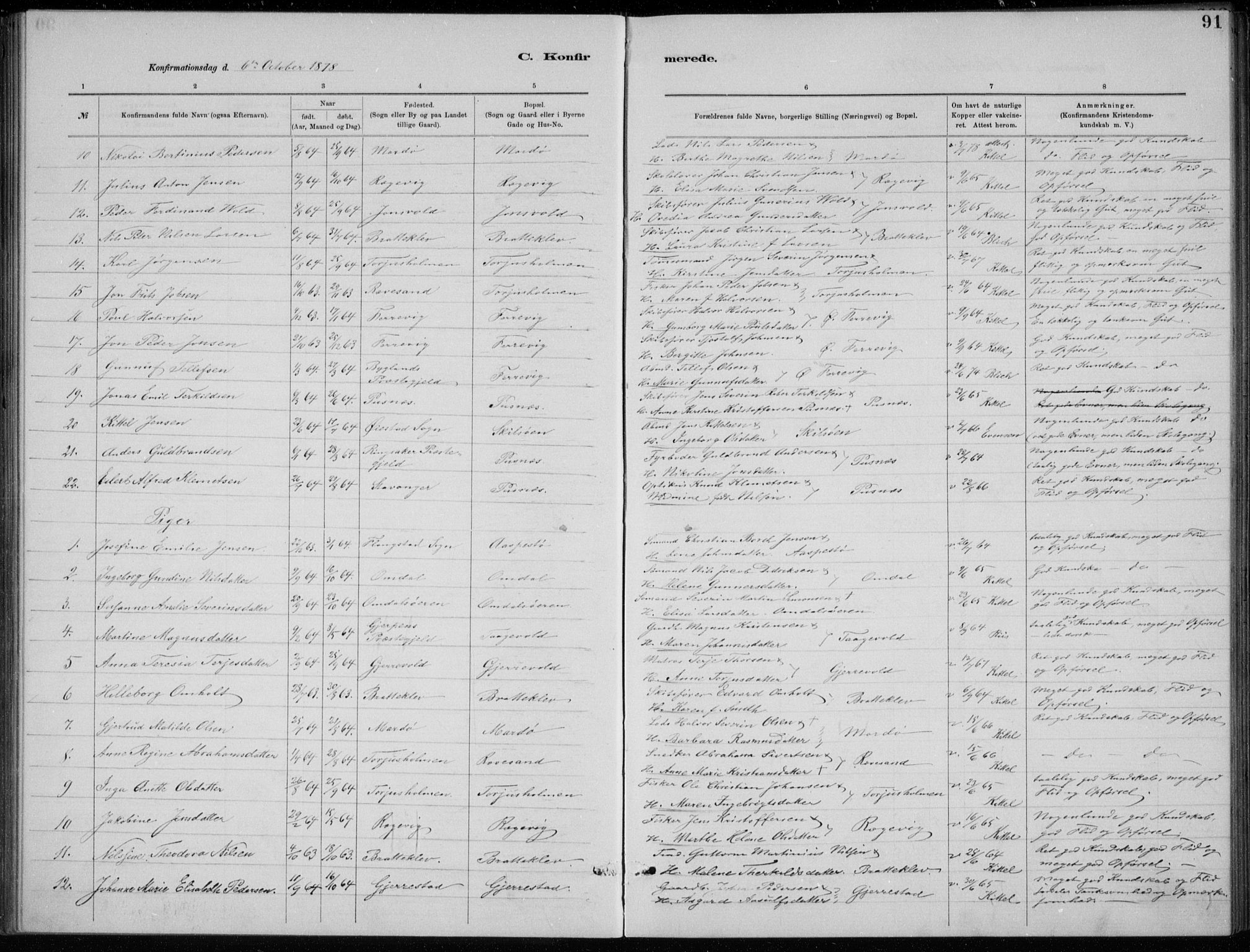 Tromøy sokneprestkontor, SAK/1111-0041/F/Fb/L0005: Parish register (copy) no. B 5, 1877-1891, p. 91
