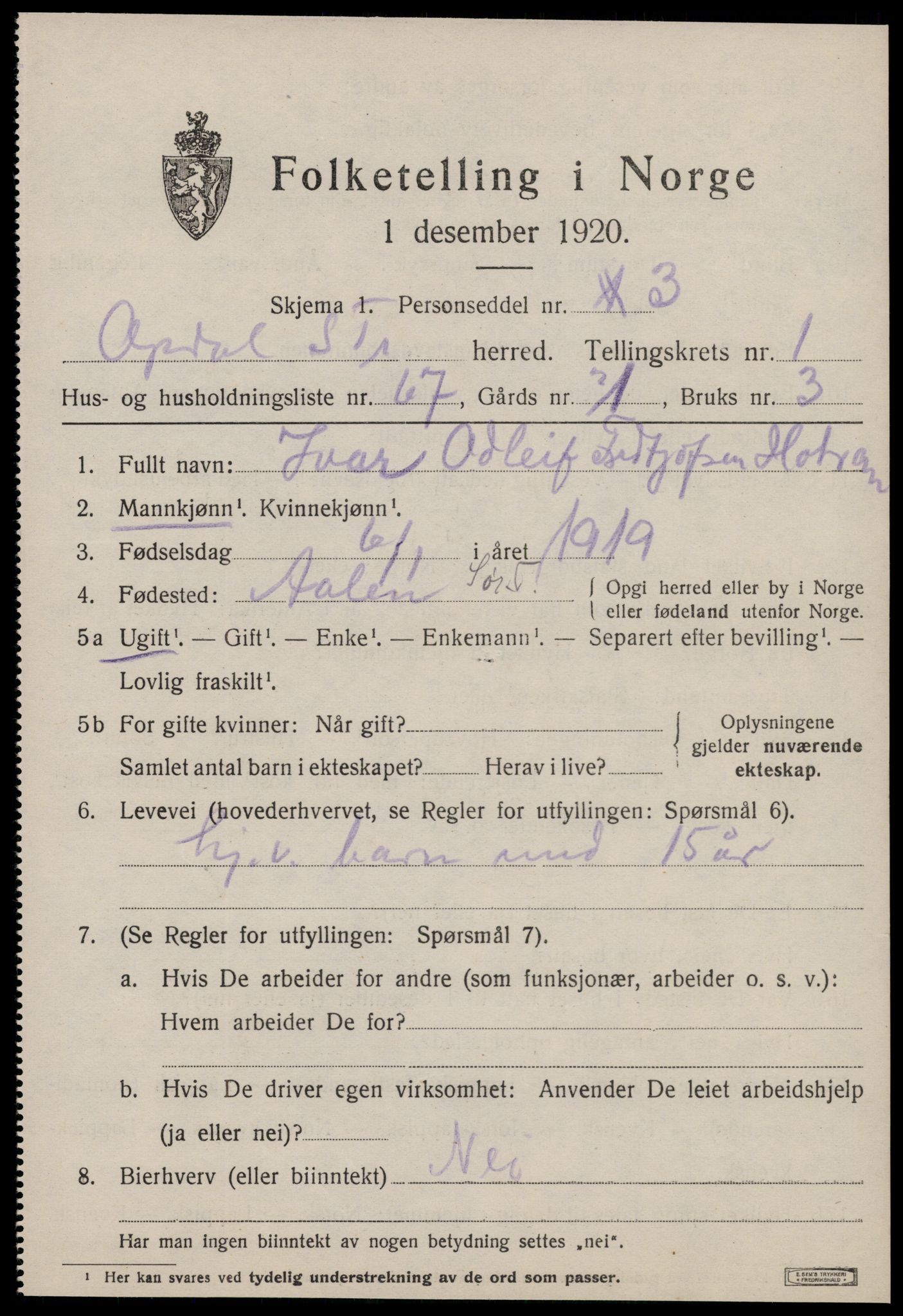 SAT, 1920 census for Oppdal, 1920, p. 2395