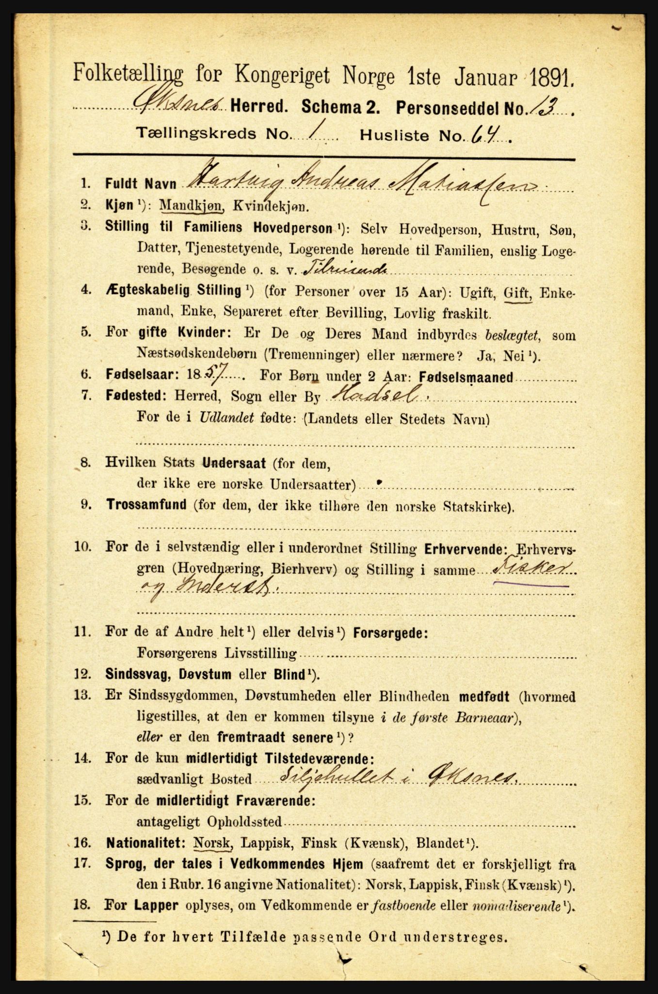 RA, 1891 census for 1868 Øksnes, 1891, p. 592