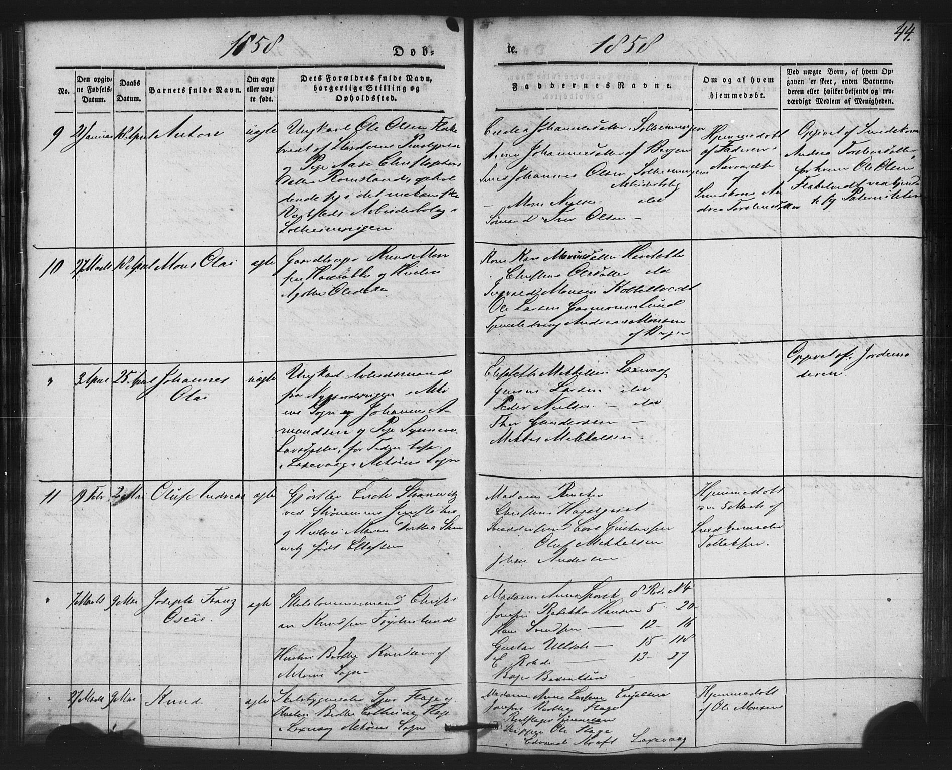 St. Jørgens hospital og Årstad sokneprestembete, AV/SAB-A-99934: Parish register (copy) no. A 2, 1843-1863, p. 44