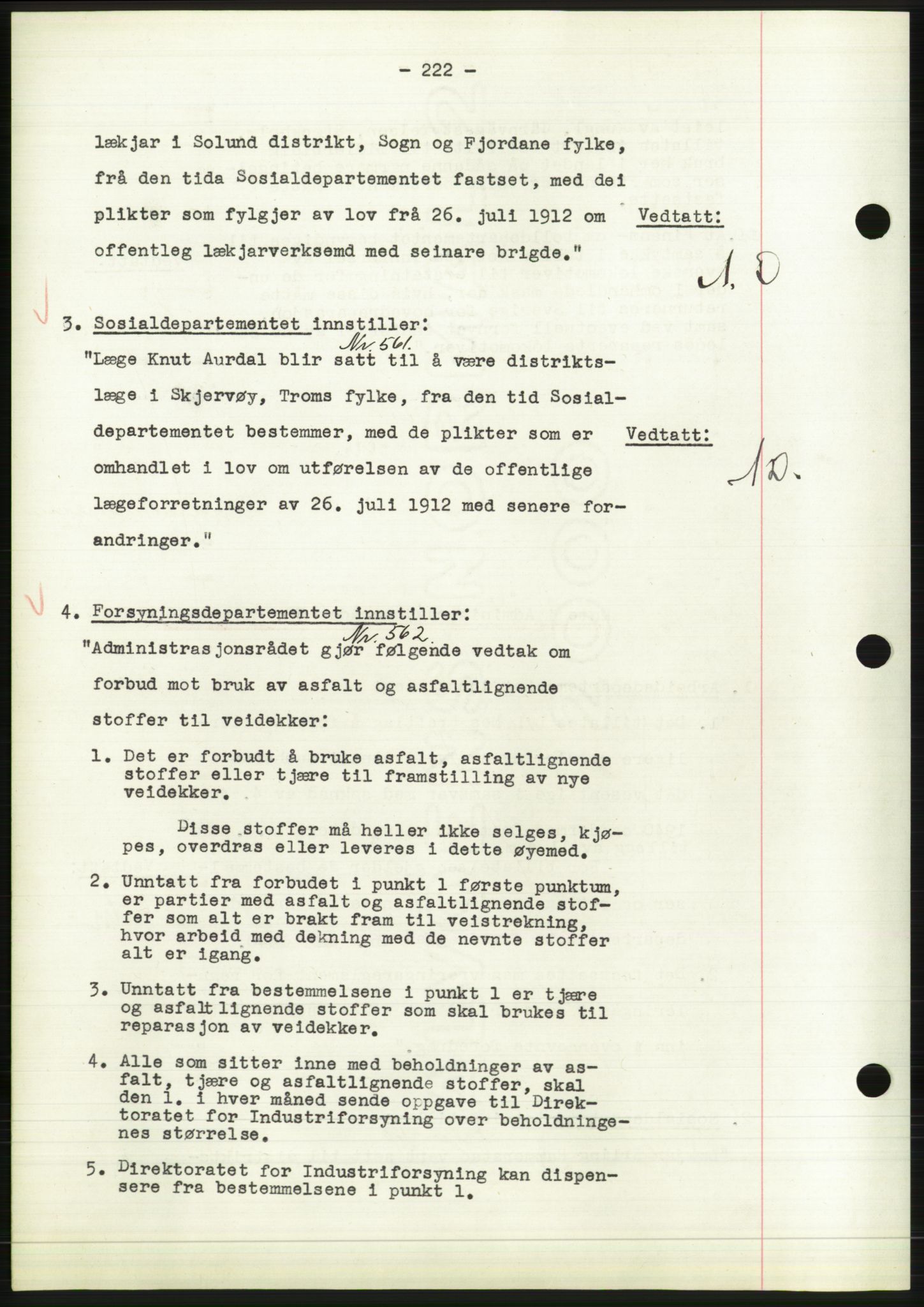 Administrasjonsrådet, AV/RA-S-1004/A/L0002: Vedtaksprotokoll 16/4-25/9, 1940, p. 226