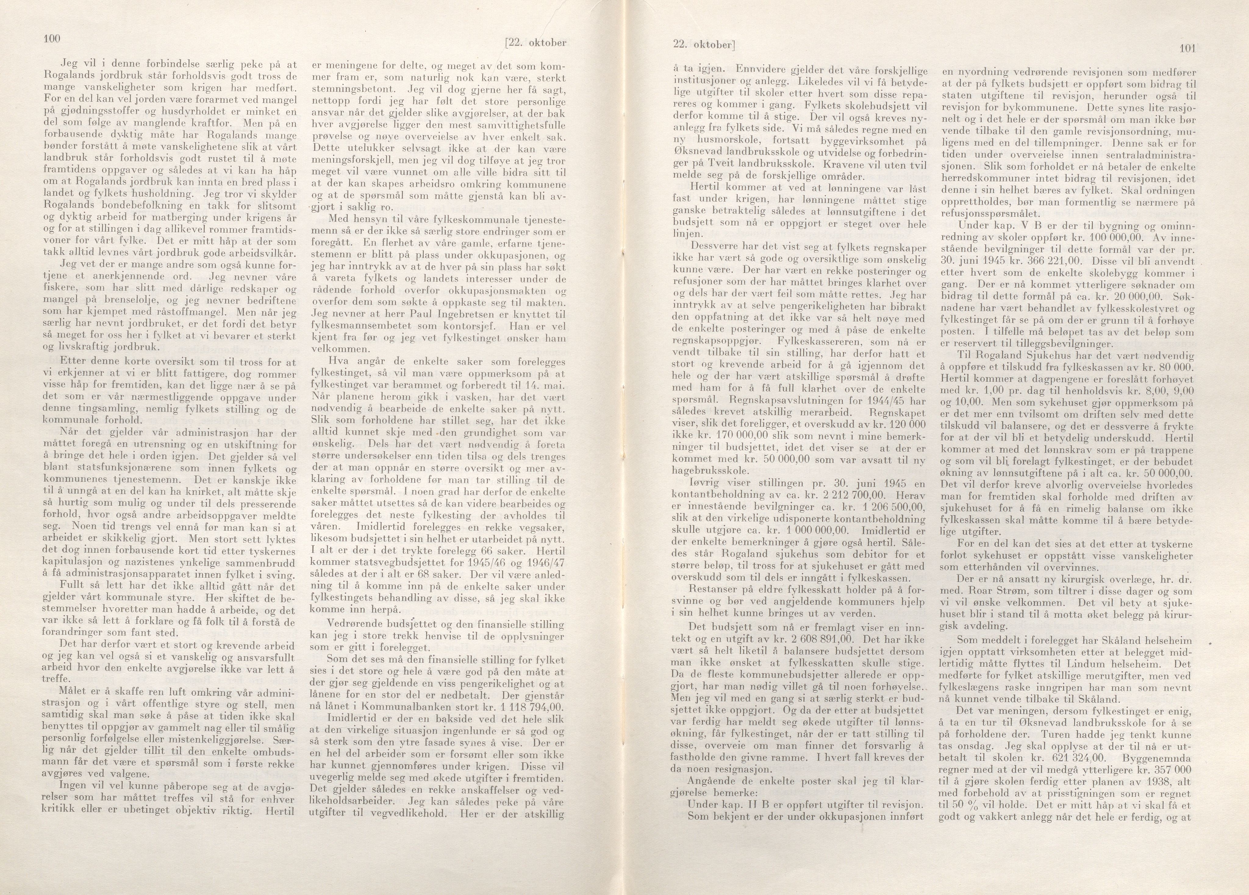 Rogaland fylkeskommune - Fylkesrådmannen , IKAR/A-900/A/Aa/Aaa/L0064: Møtebok , 1945, p. 100-101