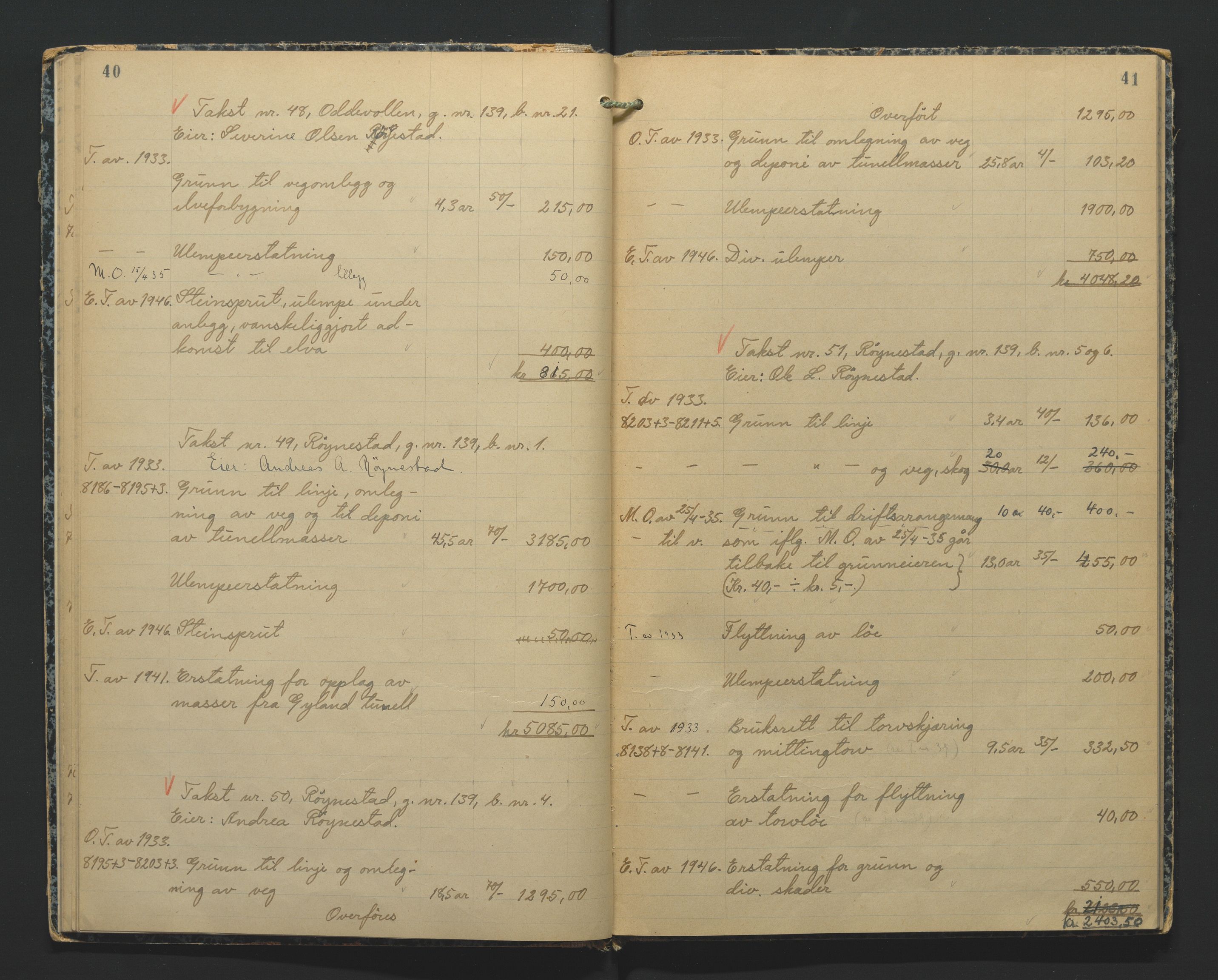 NSB Baneavdelingen, AV/SAK-1821-0004/F/Fc/Fch/L0257/0013: Grunnerstatninger, målebrev / Kartkonduktørprotokoll for 3. og 4. avd. Sørlandsbanen V, 1946, p. 40-41
