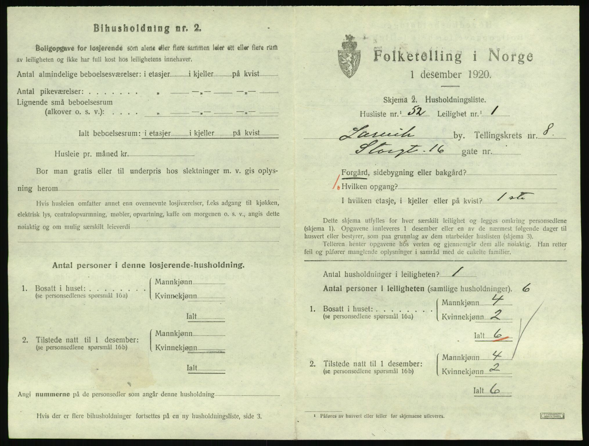 SAKO, 1920 census for Larvik, 1920, p. 6708