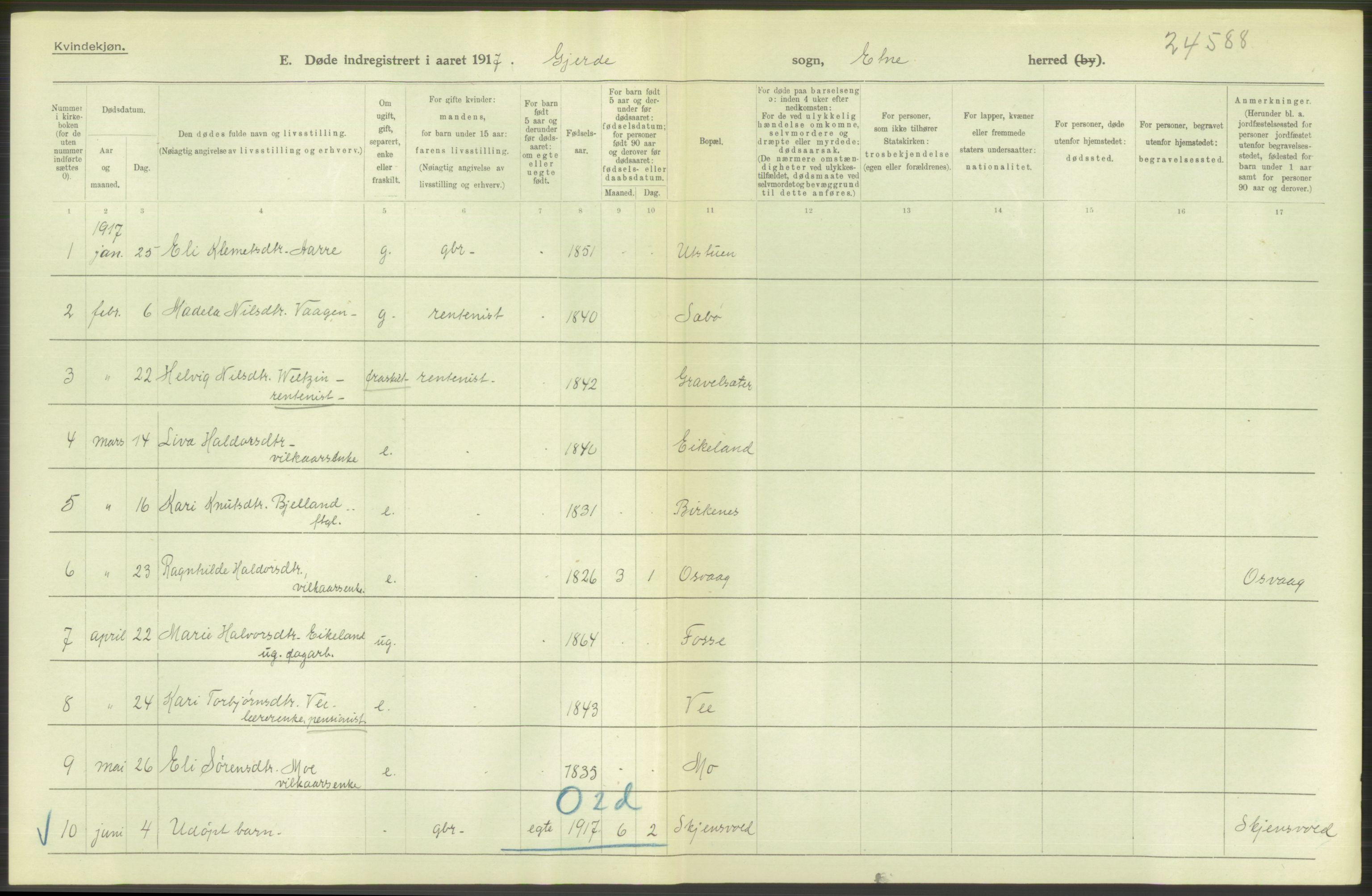 Statistisk sentralbyrå, Sosiodemografiske emner, Befolkning, RA/S-2228/D/Df/Dfb/Dfbg/L0036: S. Bergenhus amt: Døde, dødfødte. Bygder., 1917, p. 232