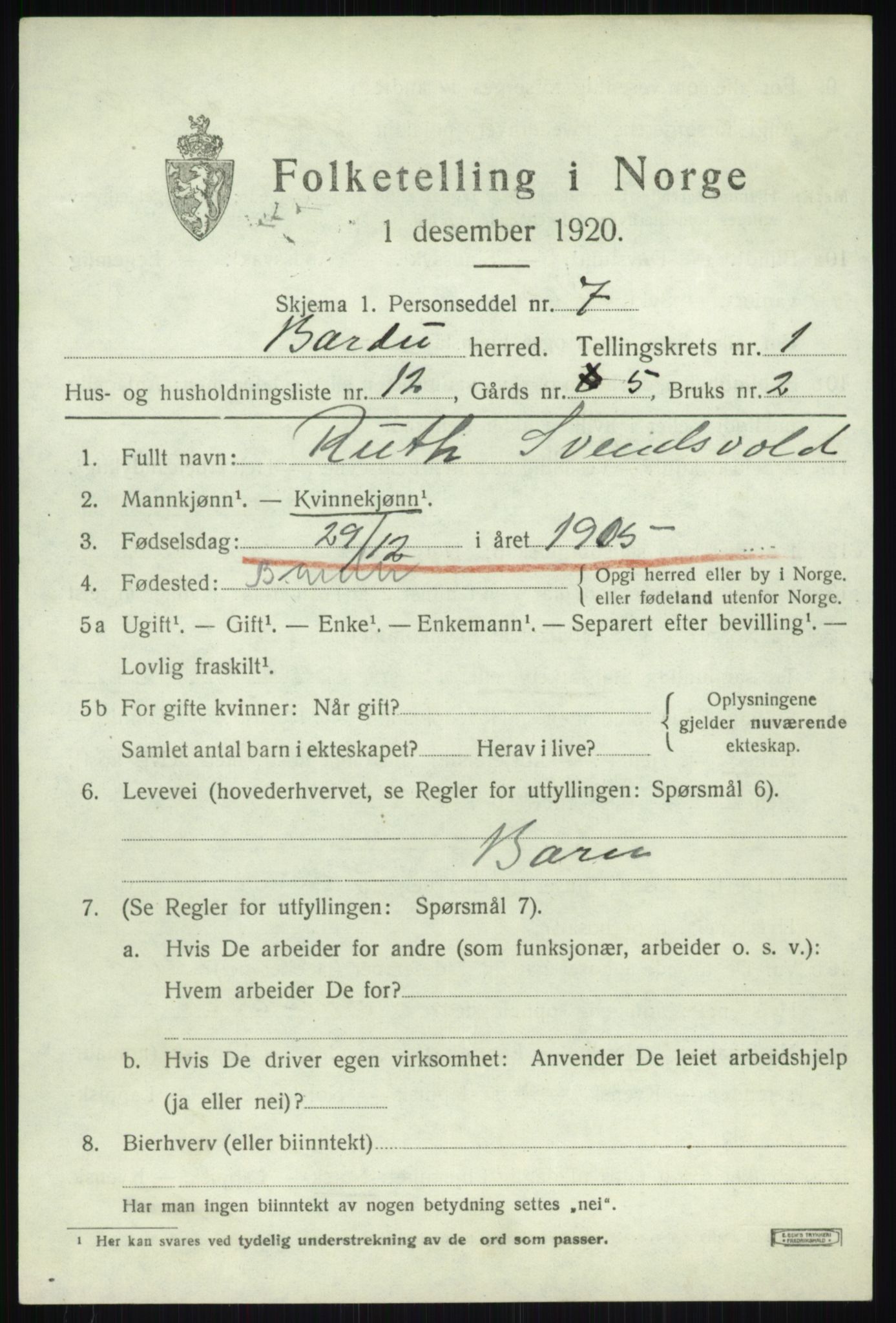 SATØ, 1920 census for Bardu, 1920, p. 794