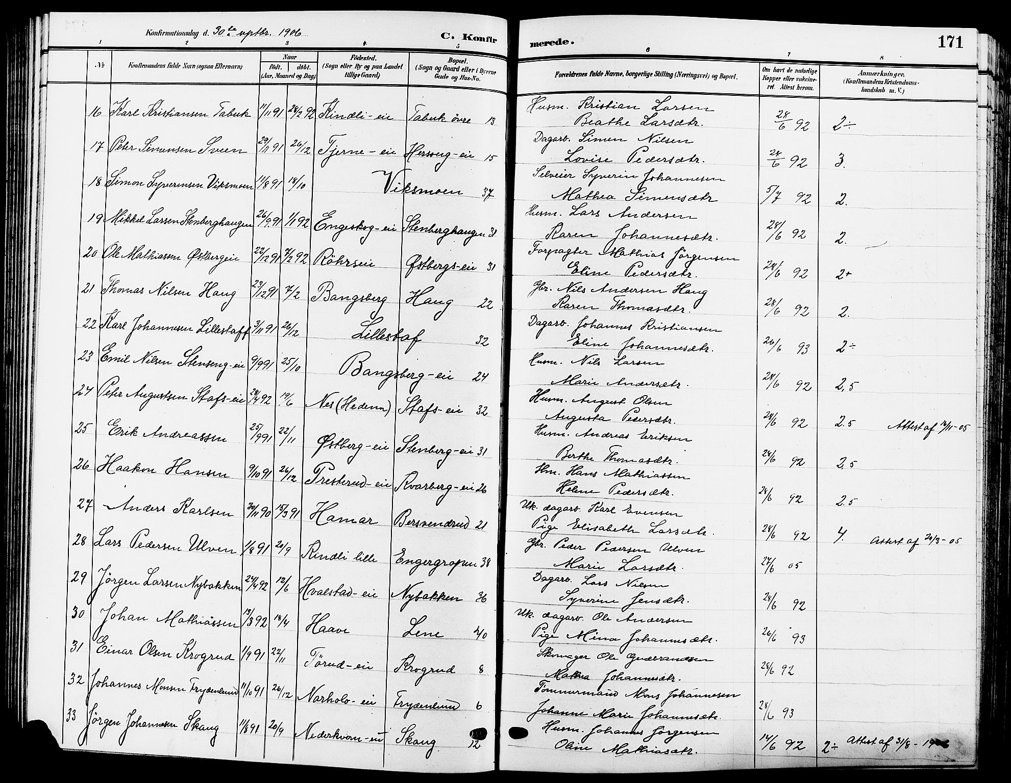 Ringsaker prestekontor, SAH/PREST-014/L/La/L0015: Parish register (copy) no. 15, 1903-1912, p. 171