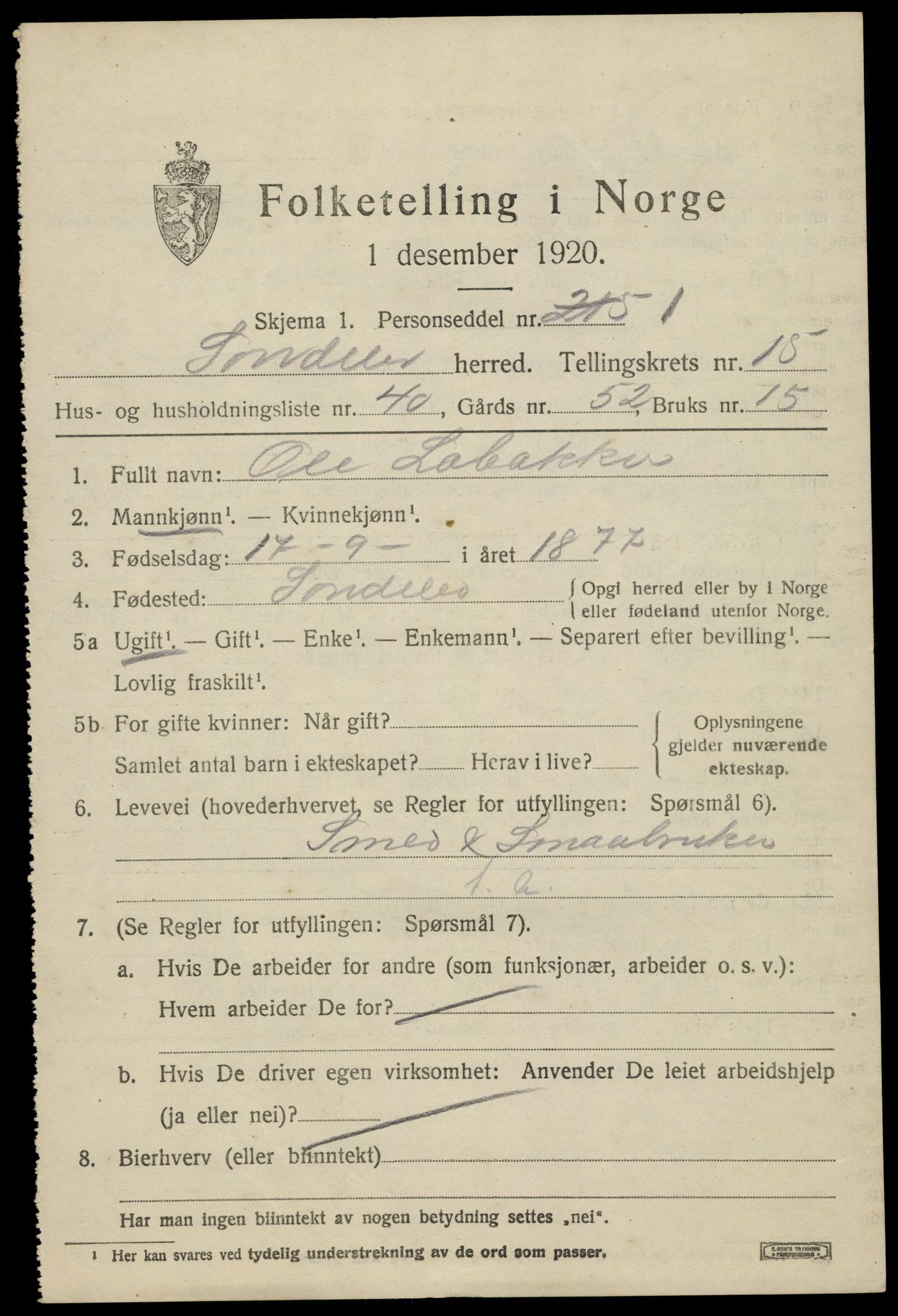 SAK, 1920 census for Søndeled, 1920, p. 7093