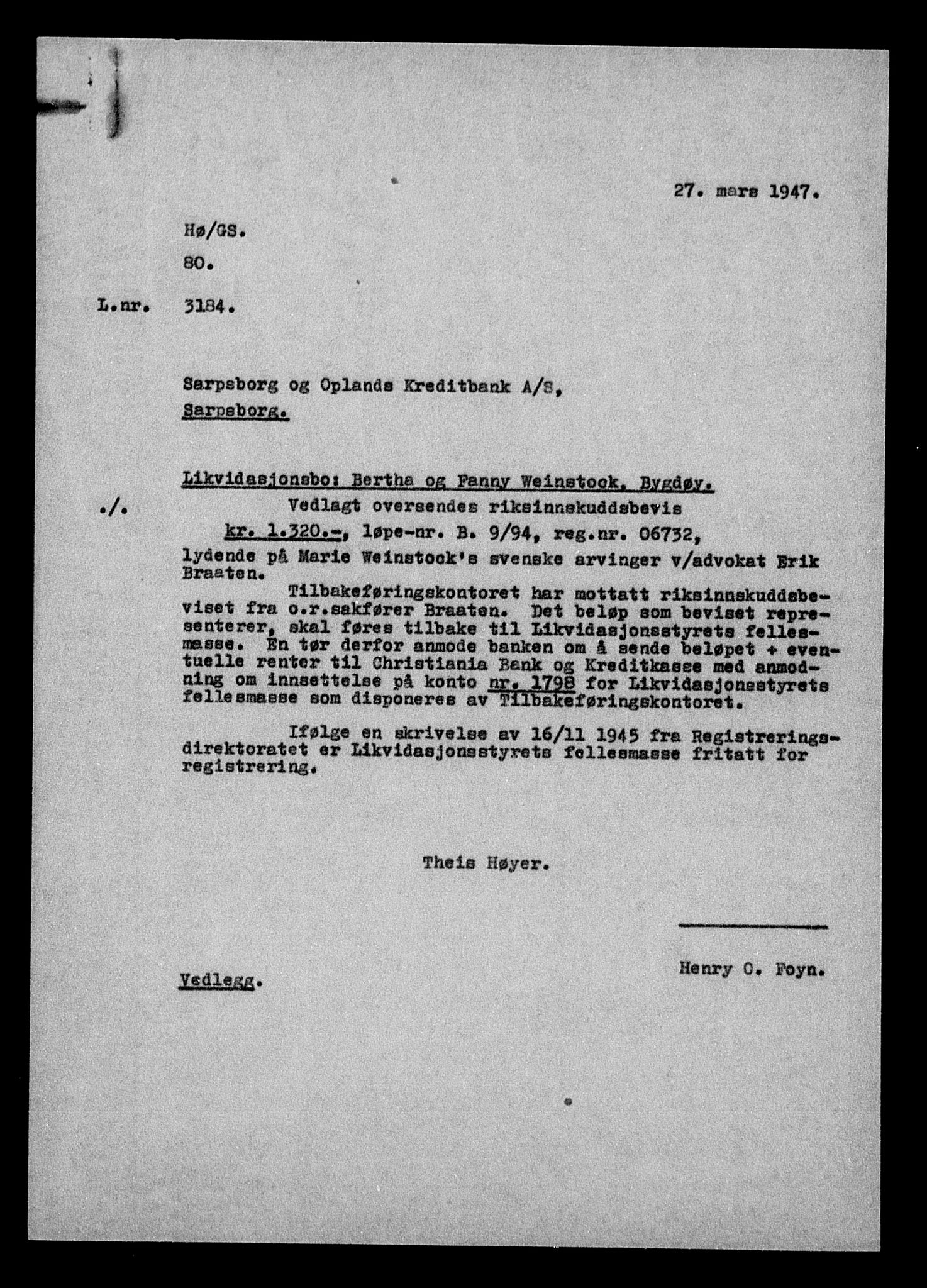 Justisdepartementet, Tilbakeføringskontoret for inndratte formuer, AV/RA-S-1564/H/Hc/Hcc/L0986: --, 1945-1947, p. 26