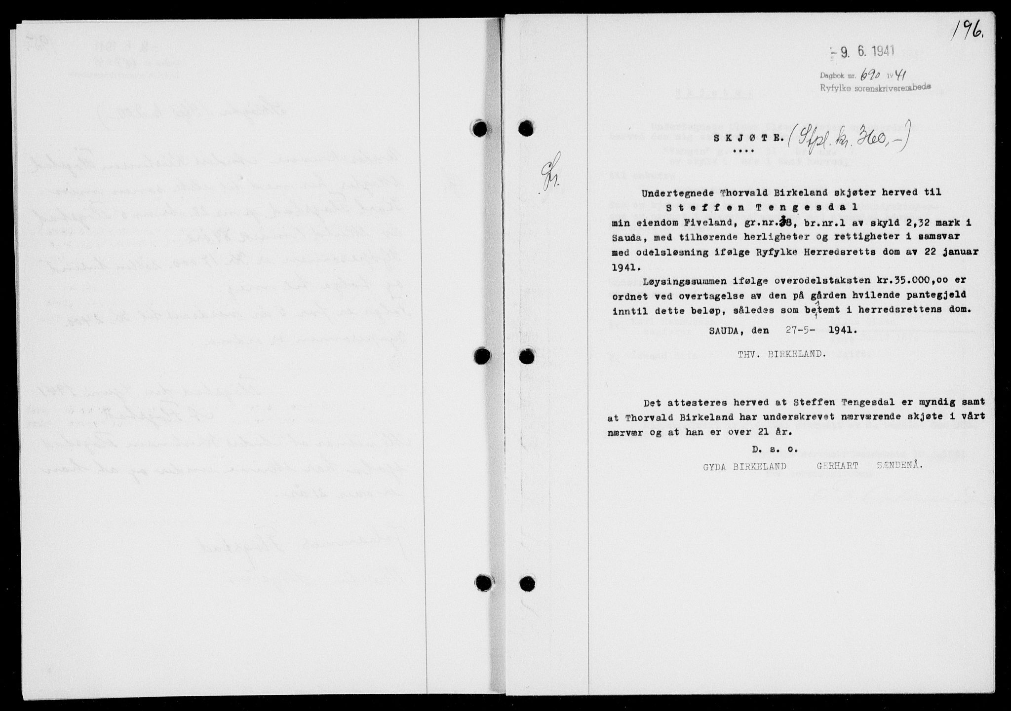 Ryfylke tingrett, SAST/A-100055/001/II/IIB/L0085: Mortgage book no. 64, 1941-1941, Diary no: : 690/1941