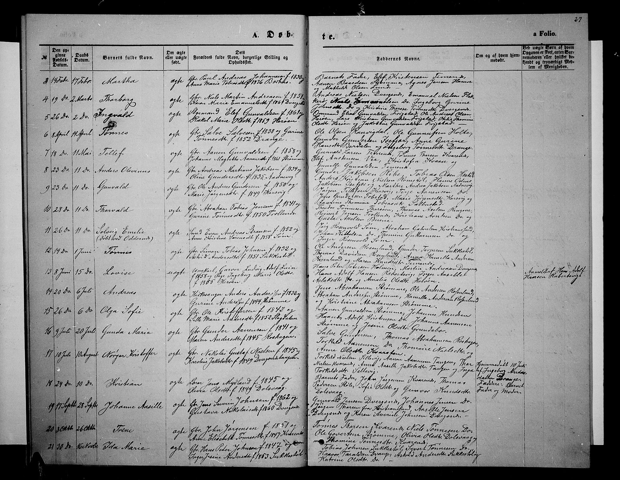 Oddernes sokneprestkontor, SAK/1111-0033/F/Fb/Fbb/L0001: Parish register (copy) no. B 1, 1871-1888, p. 27