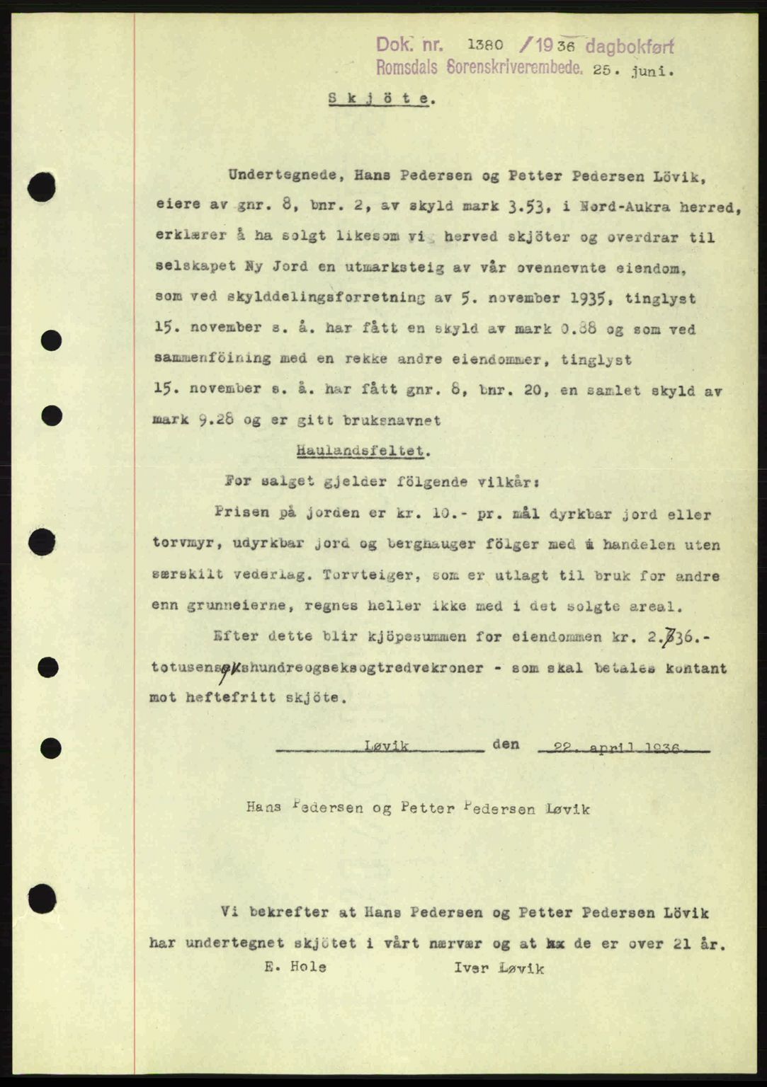 Romsdal sorenskriveri, AV/SAT-A-4149/1/2/2C: Mortgage book no. A1, 1936-1936, Diary no: : 1380/1936