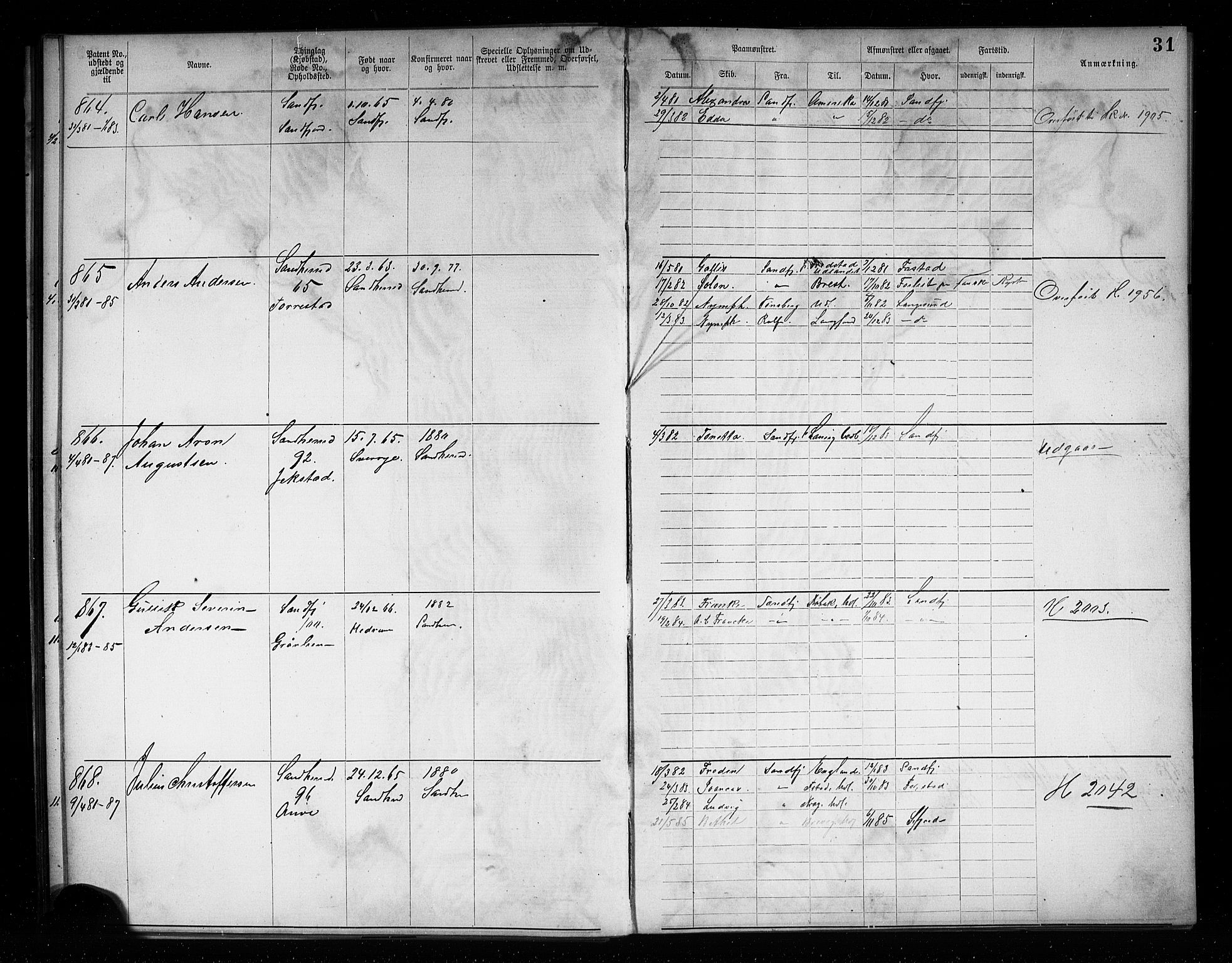 Sandefjord innrulleringskontor, AV/SAKO-A-788/F/Fa/L0004: Annotasjonsrulle, 1879-1889, p. 33