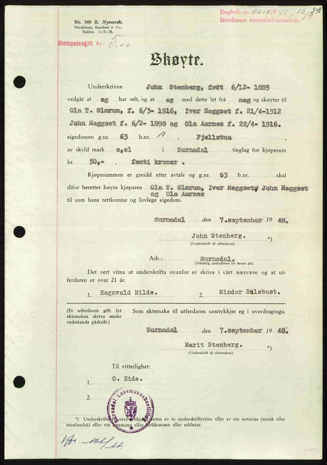 Nordmøre sorenskriveri, AV/SAT-A-4132/1/2/2Ca: Mortgage book no. A109, 1948-1948, Diary no: : 2612/1948