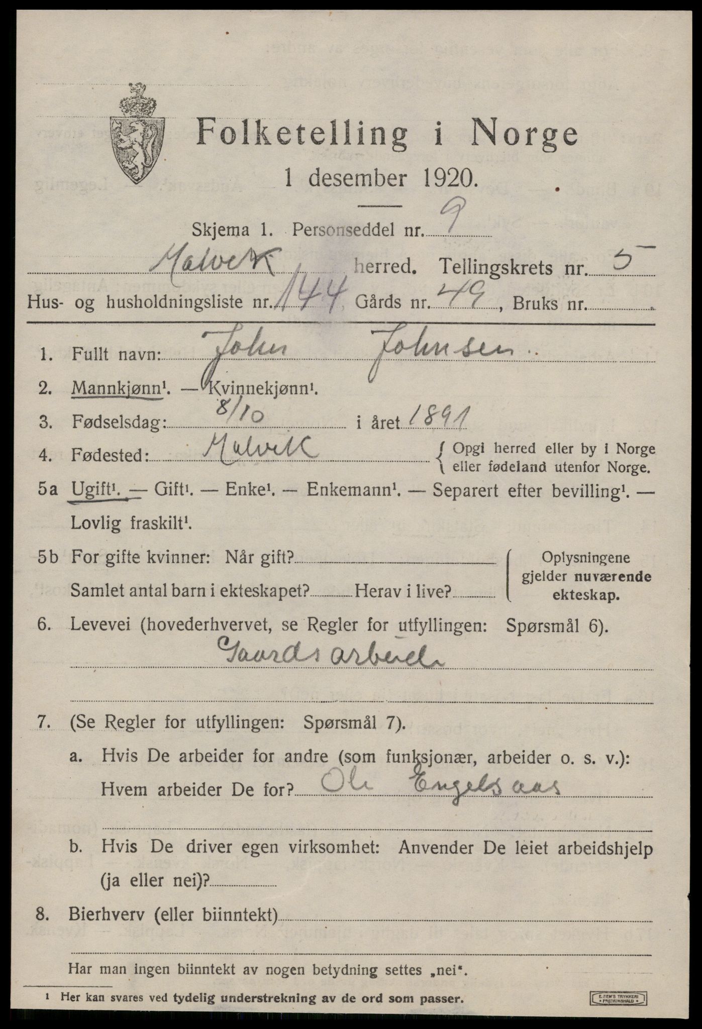 SAT, 1920 census for Malvik, 1920, p. 5322