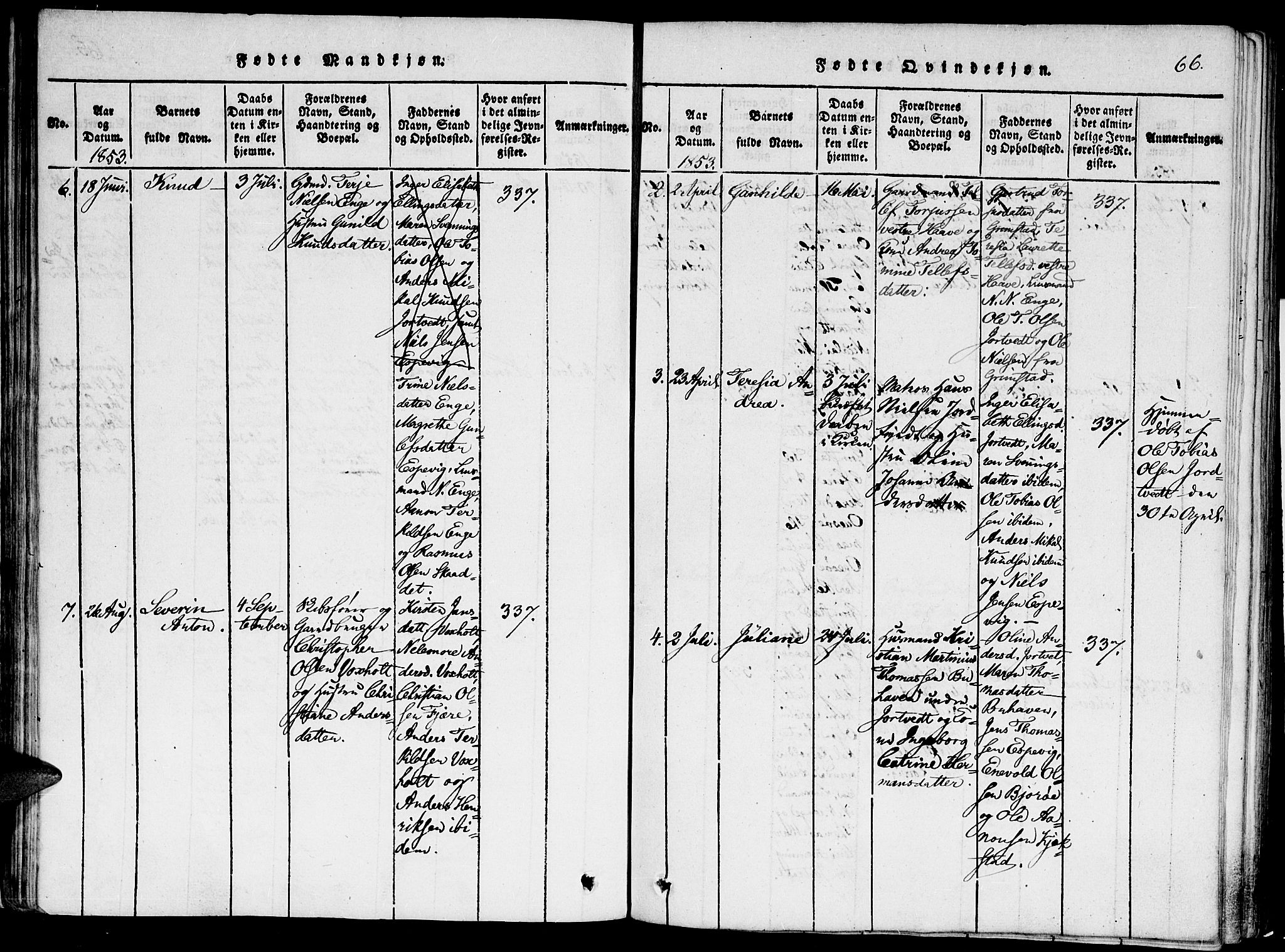 Hommedal sokneprestkontor, SAK/1111-0023/F/Fa/Faa/L0001: Parish register (official) no. A 1, 1816-1860, p. 66