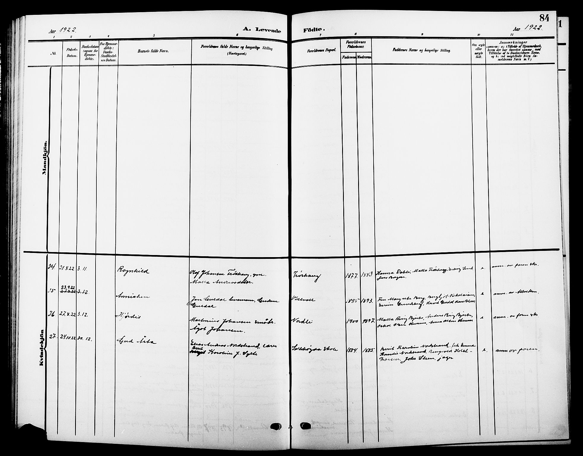 Hole kirkebøker, AV/SAKO-A-228/G/Ga/L0004: Parish register (copy) no. I 4, 1905-1924, p. 84