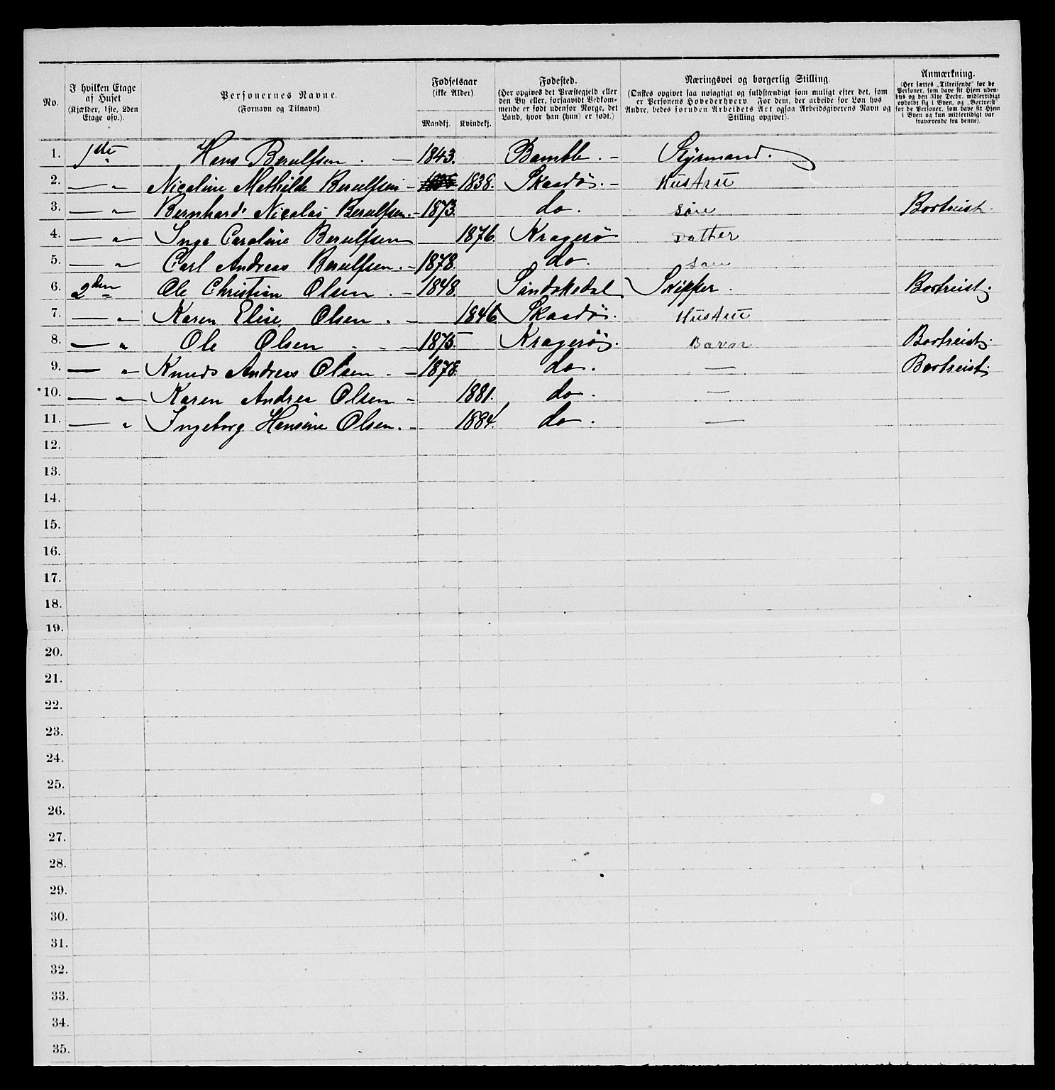 SAKO, 1885 census for 0801 Kragerø, 1885, p. 11