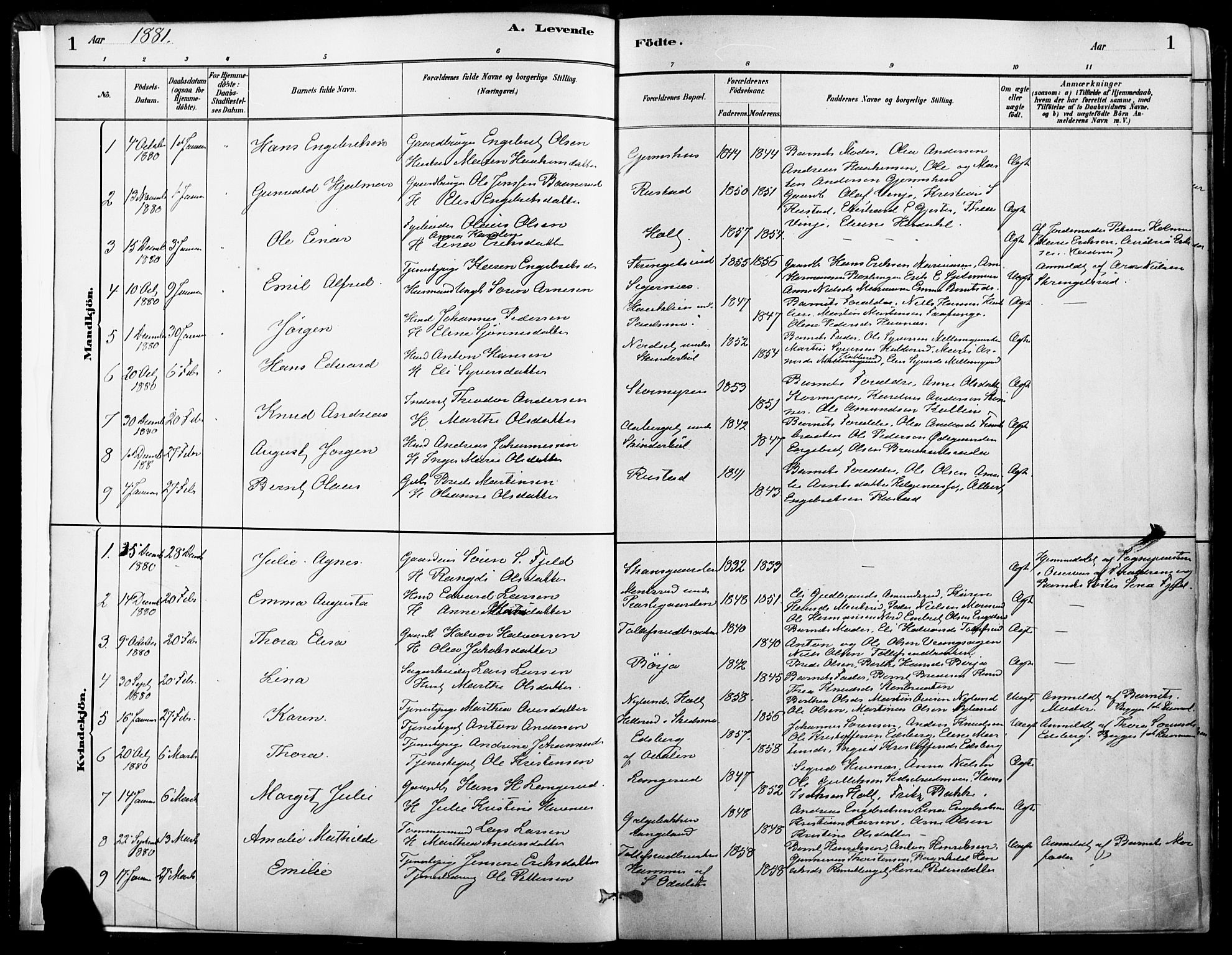 Vinger prestekontor, AV/SAH-PREST-024/H/Ha/Haa/L0014: Parish register (official) no. 14, 1881-1900, p. 1