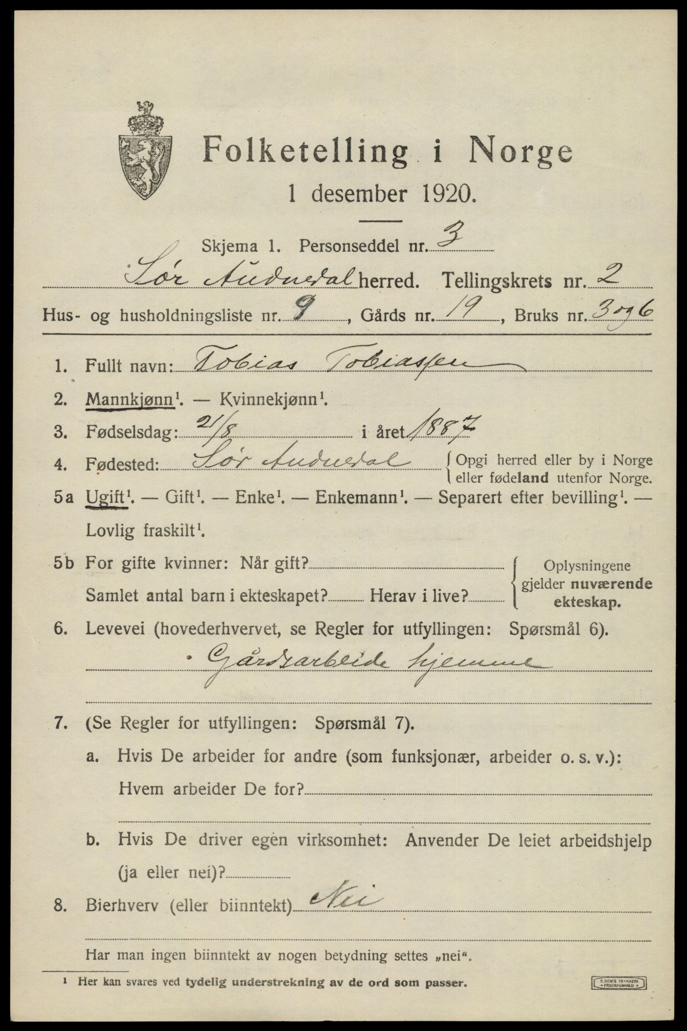 SAK, 1920 census for Sør-Audnedal, 1920, p. 1643