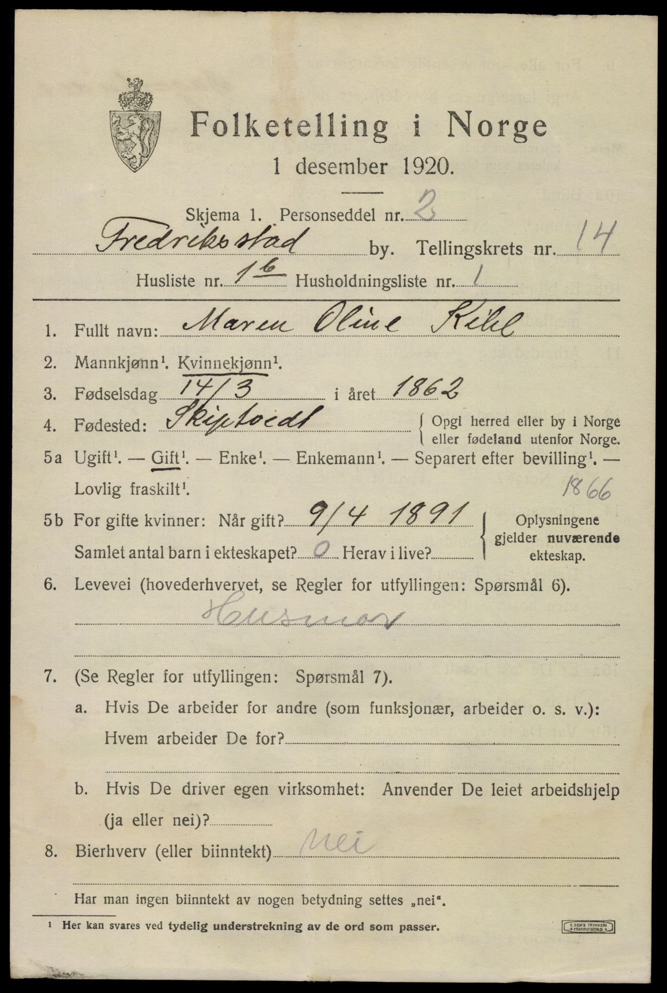 SAO, 1920 census for Fredrikstad, 1920, p. 33479