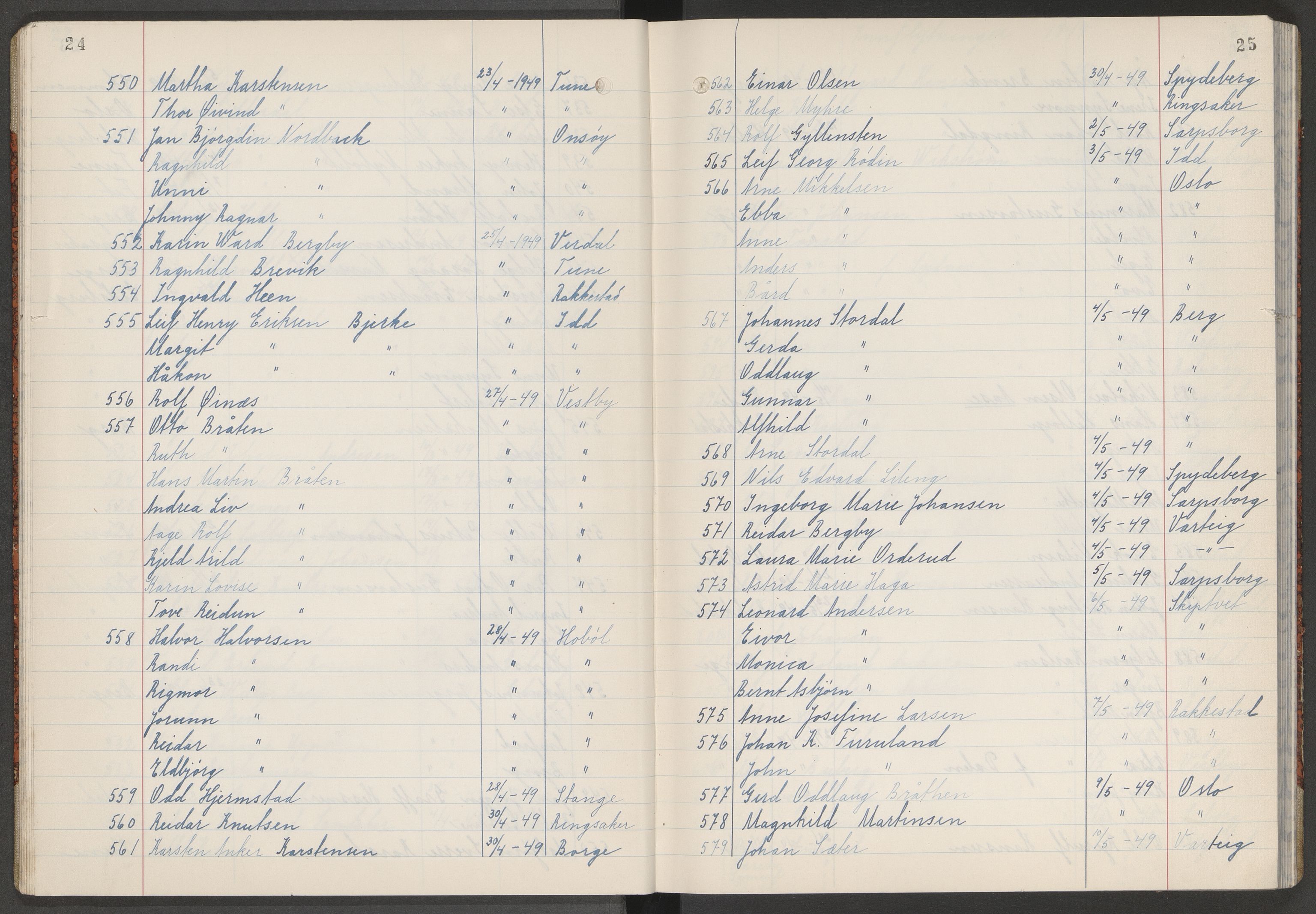 Skjeberg folkeregister, AV/SAO-A-10495/K/Ka/L0004: Fortegnelse over inn- og utflyttede, 1947-1950, p. 24-25