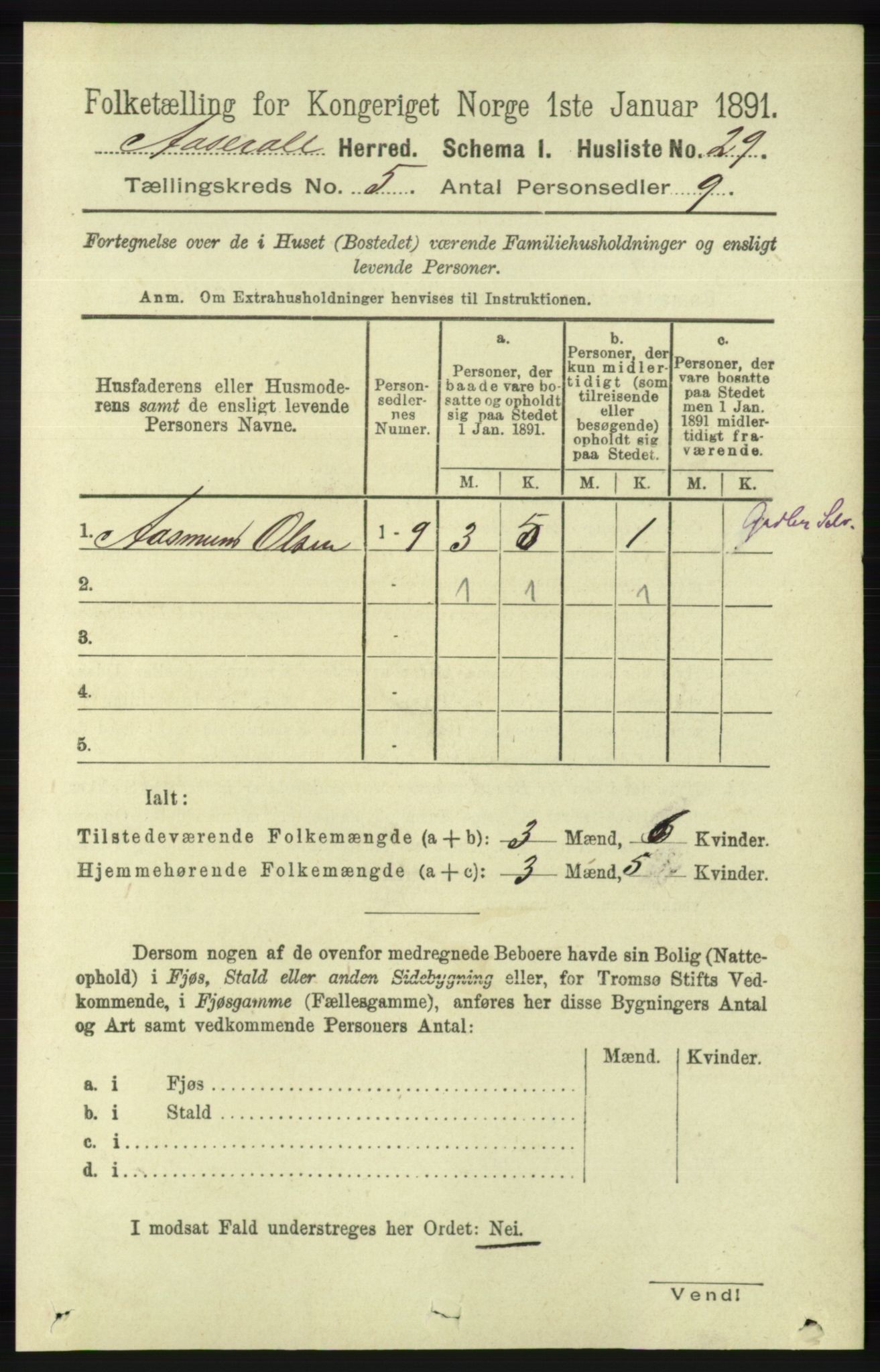 RA, 1891 census for 1026 Åseral, 1891, p. 1444