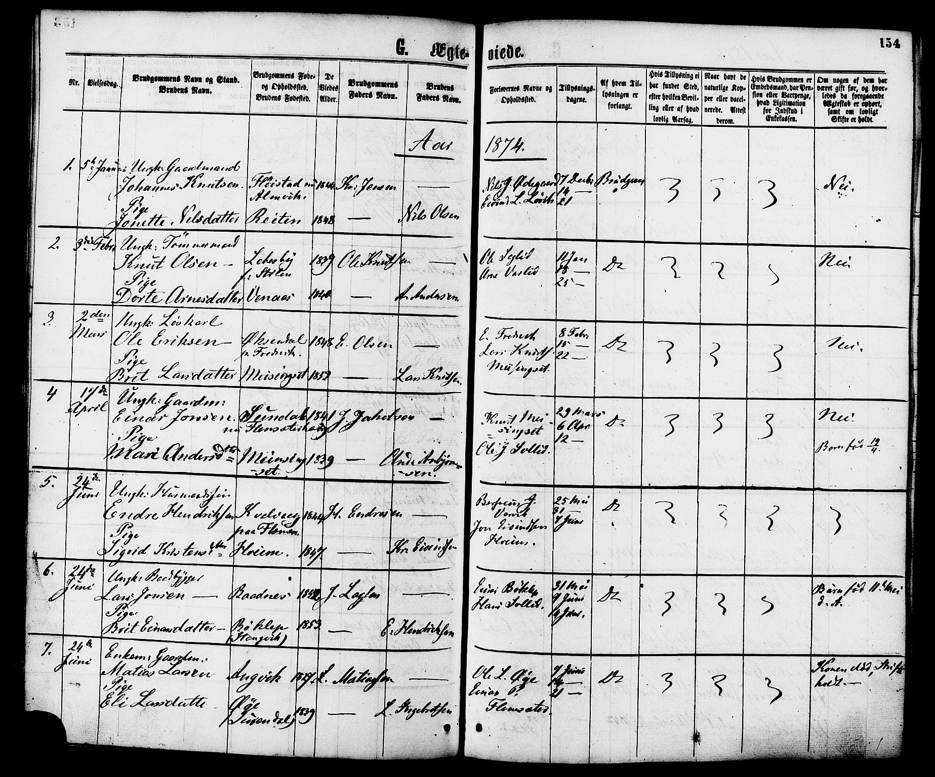 Ministerialprotokoller, klokkerbøker og fødselsregistre - Møre og Romsdal, SAT/A-1454/586/L0986: Parish register (official) no. 586A12, 1867-1878, p. 154