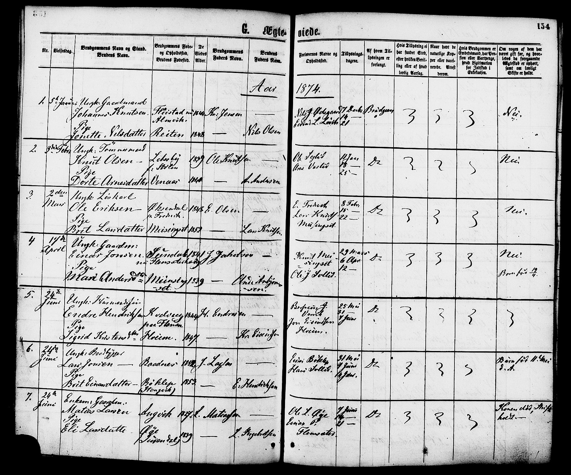 Ministerialprotokoller, klokkerbøker og fødselsregistre - Møre og Romsdal, AV/SAT-A-1454/586/L0986: Parish register (official) no. 586A12, 1867-1878, p. 154