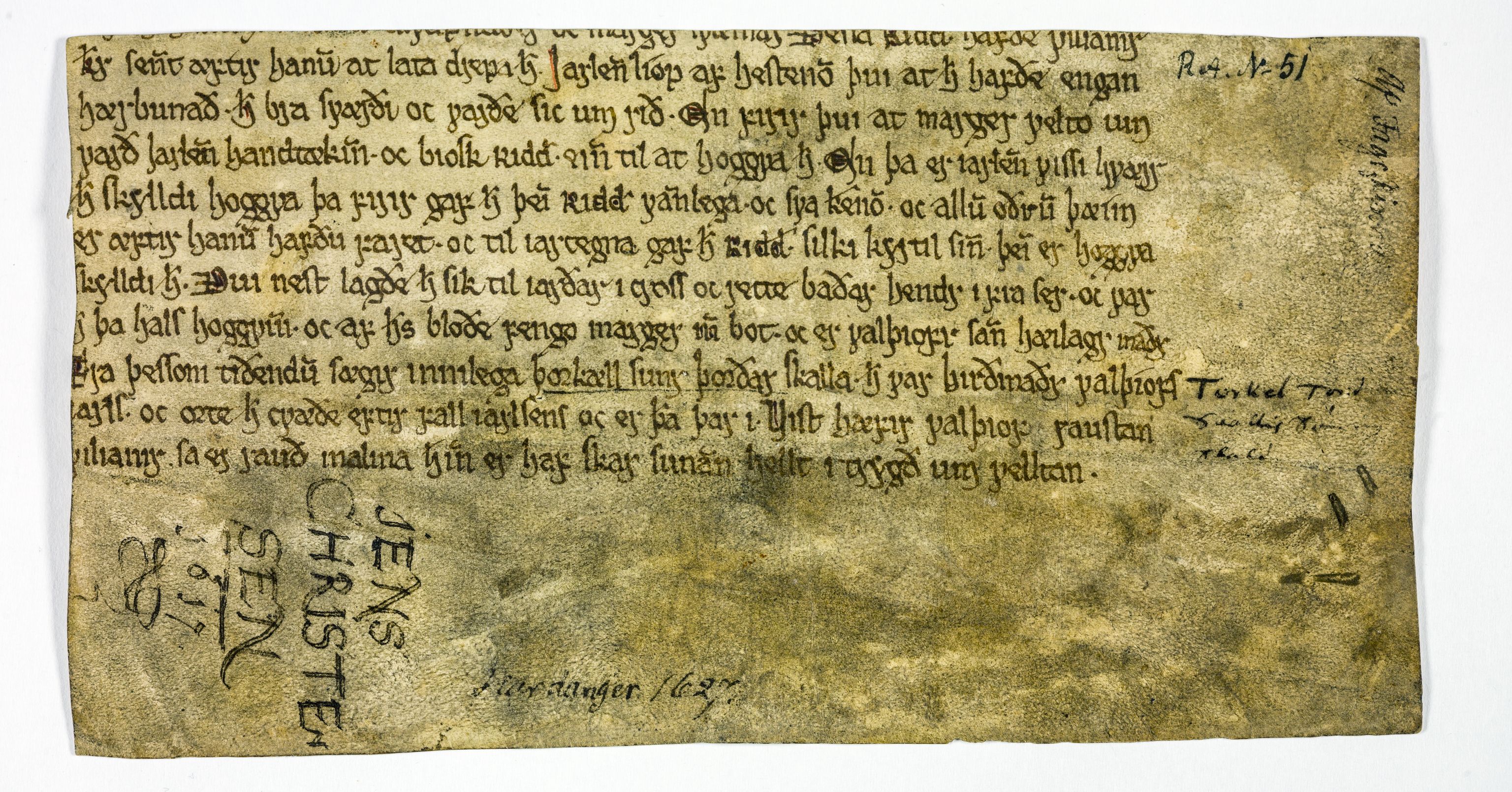 Riksarkivets diplomsamling, AV/RA-EA-5965/F26/L0005: Norrøne membranfragmenter bestand 51-66, 1100-1536, p. 1