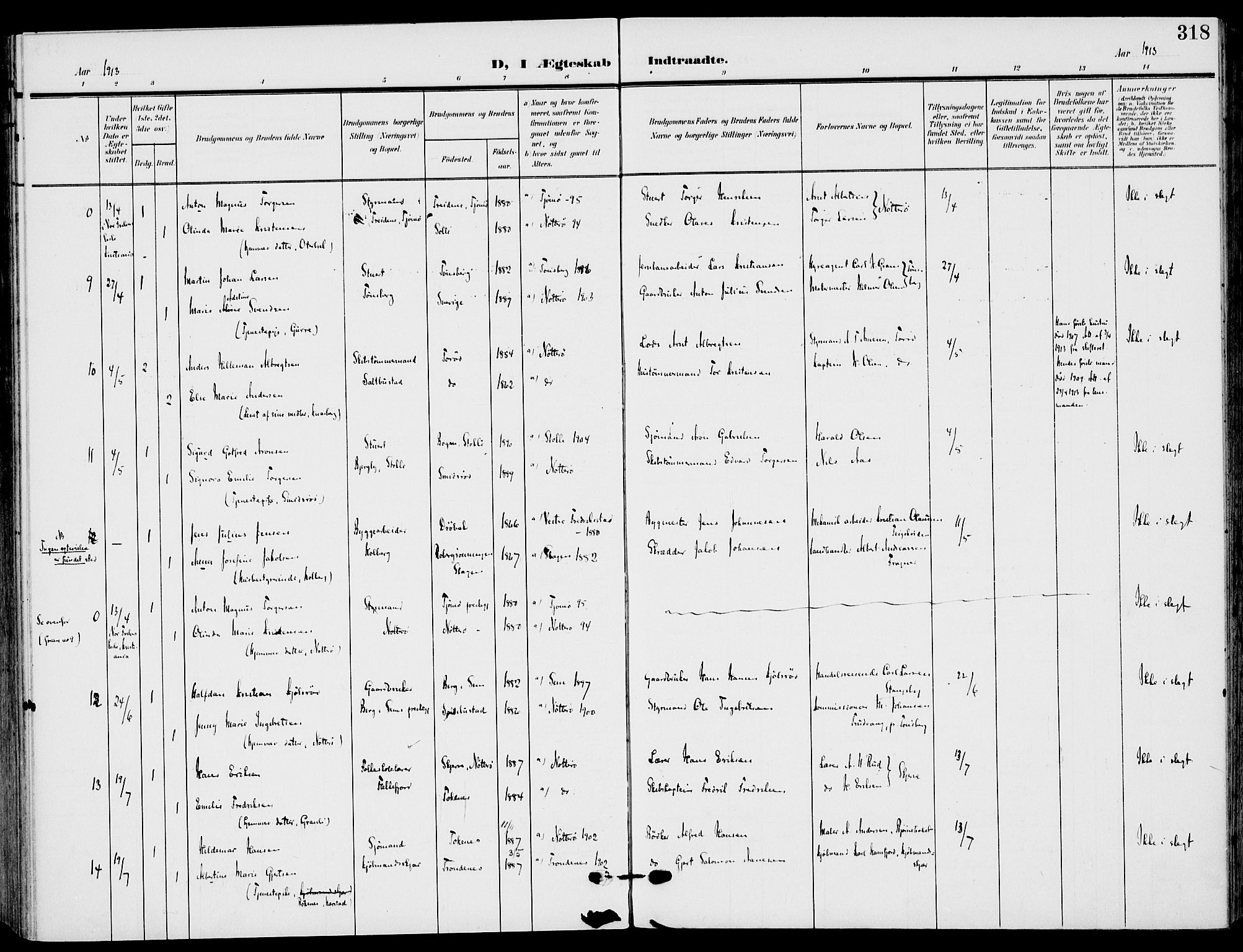 Nøtterøy kirkebøker, AV/SAKO-A-354/F/Fa/L0010: Parish register (official) no. I 10, 1908-1919, p. 318