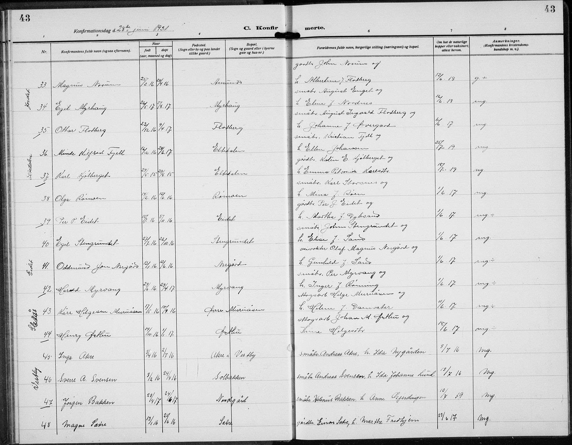 Trysil prestekontor, AV/SAH-PREST-046/H/Ha/Hab/L0010: Parish register (copy) no. 10, 1917-1937, p. 43