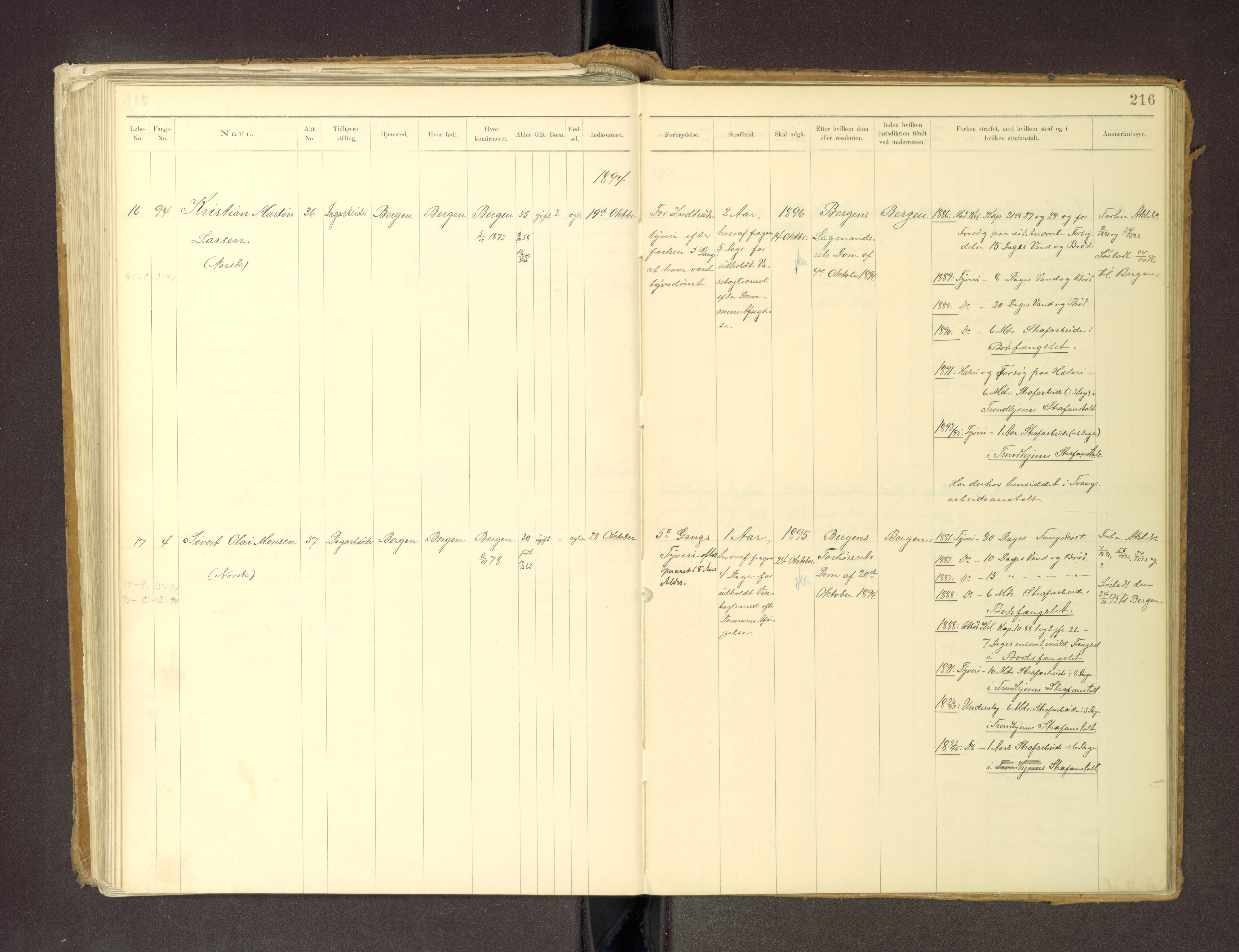 Trondheim tukthus, SAT/A-4619/05/65/L0036: 65.36 Fangeprotokoll m/reg, 1885-1898, p. 216