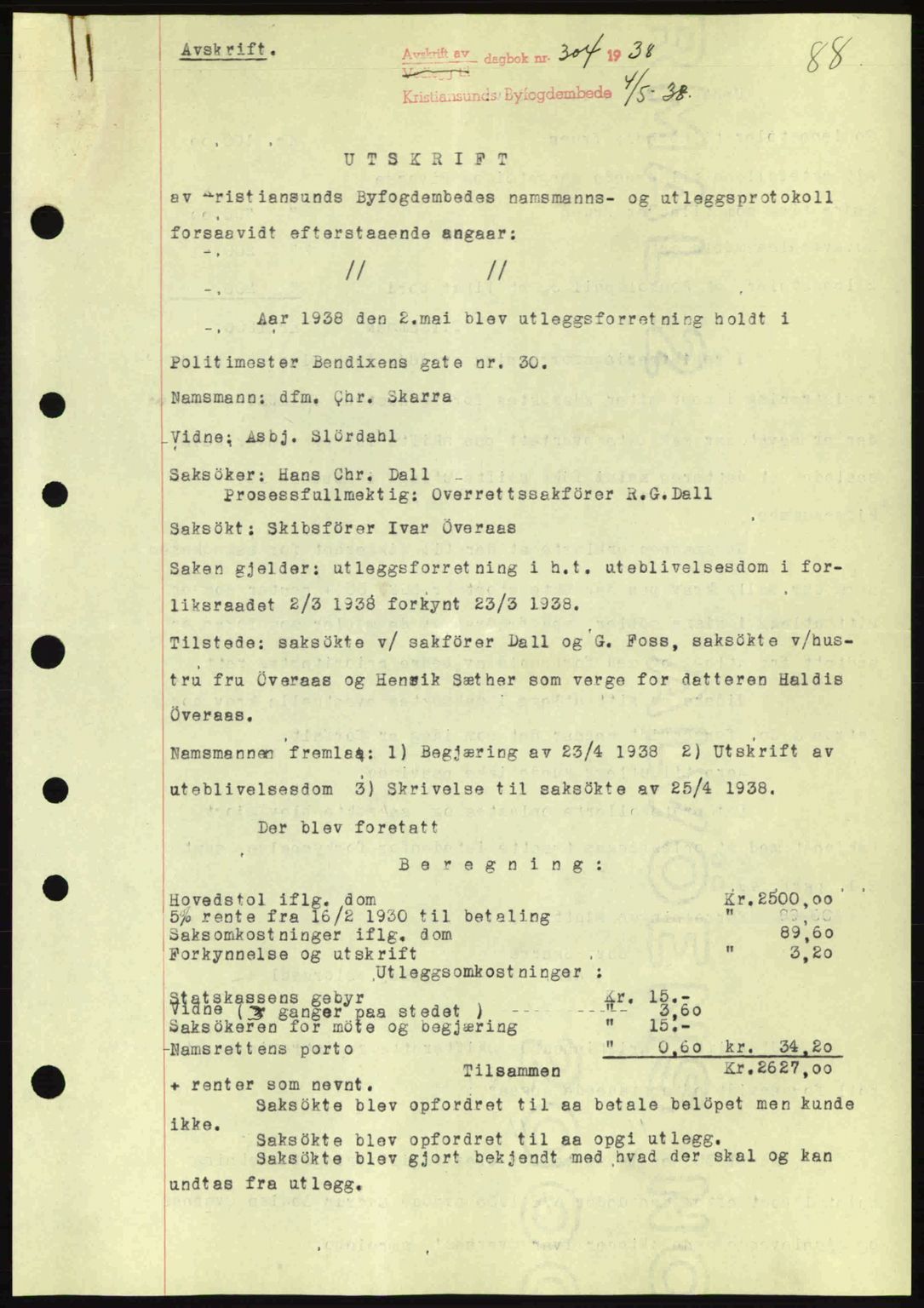 Kristiansund byfogd, AV/SAT-A-4587/A/27: Mortgage book no. 31, 1938-1939, Diary no: : 304/1938