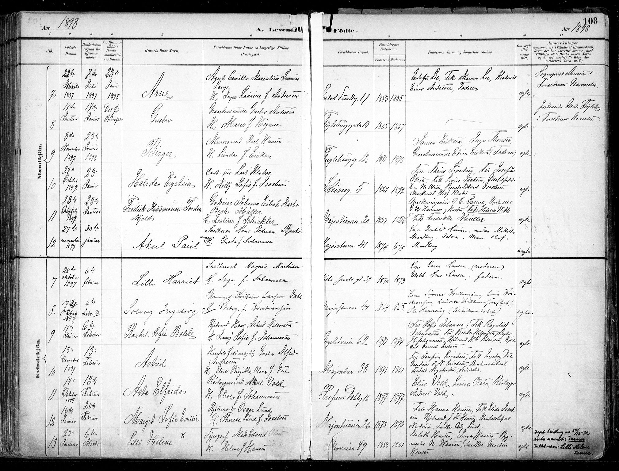 Uranienborg prestekontor Kirkebøker, AV/SAO-A-10877/F/Fa/L0005: Parish register (official) no. 5, 1895-1907, p. 103