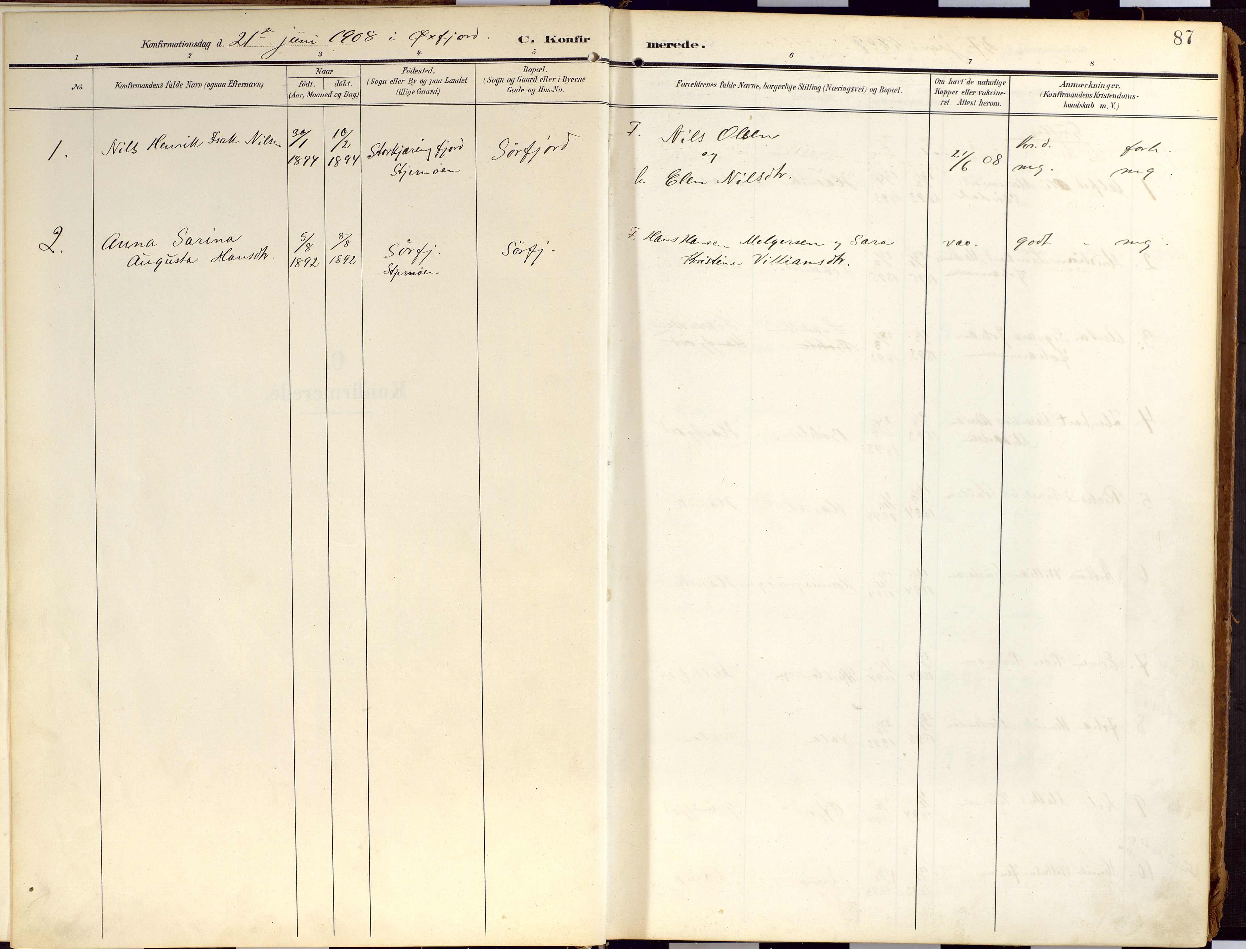 Loppa sokneprestkontor, SATØ/S-1339/H/Ha/L0010kirke: Parish register (official) no. 10, 1907-1922, p. 87