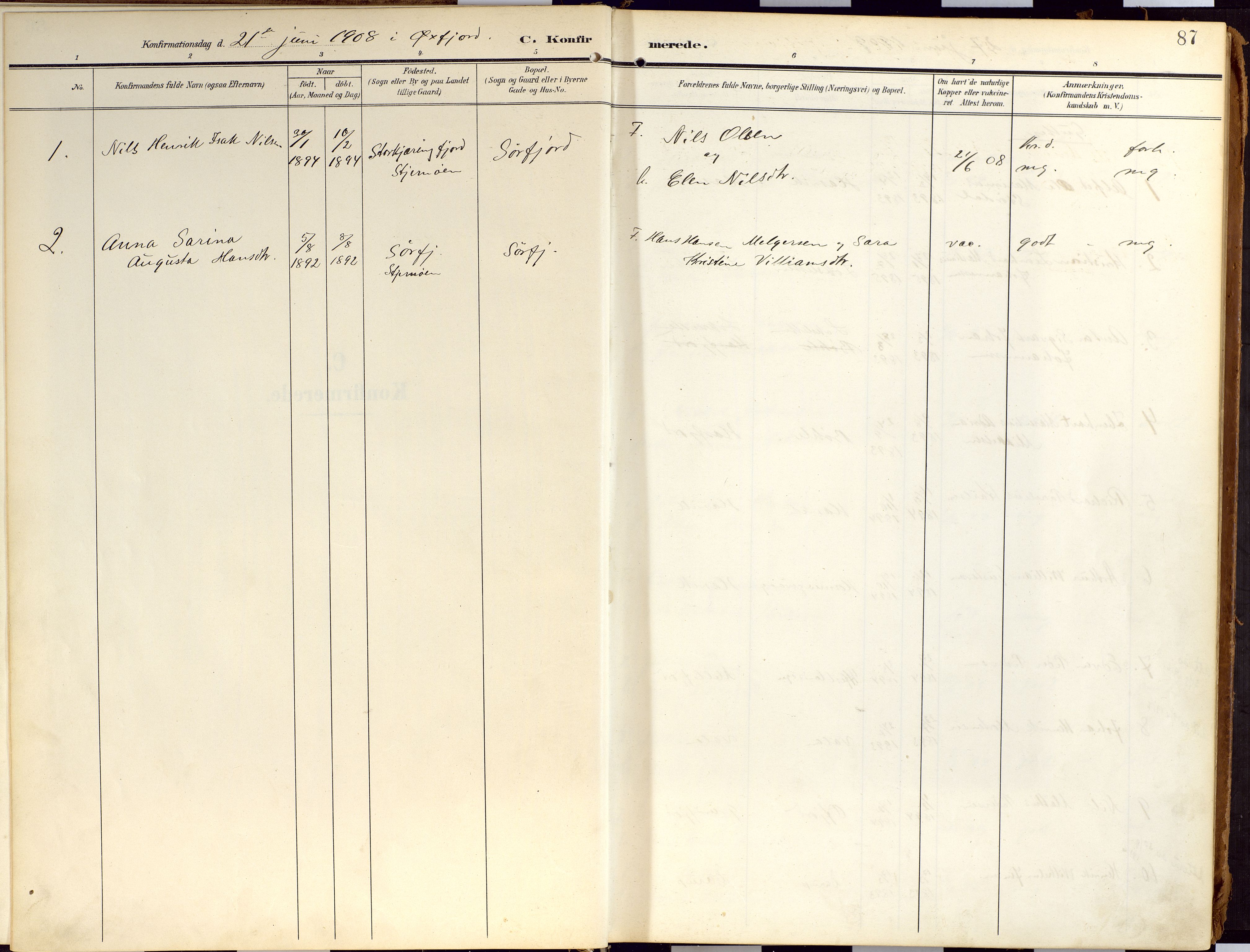 Loppa sokneprestkontor, AV/SATØ-S-1339/H/Ha/L0010kirke: Parish register (official) no. 10, 1907-1922, p. 87