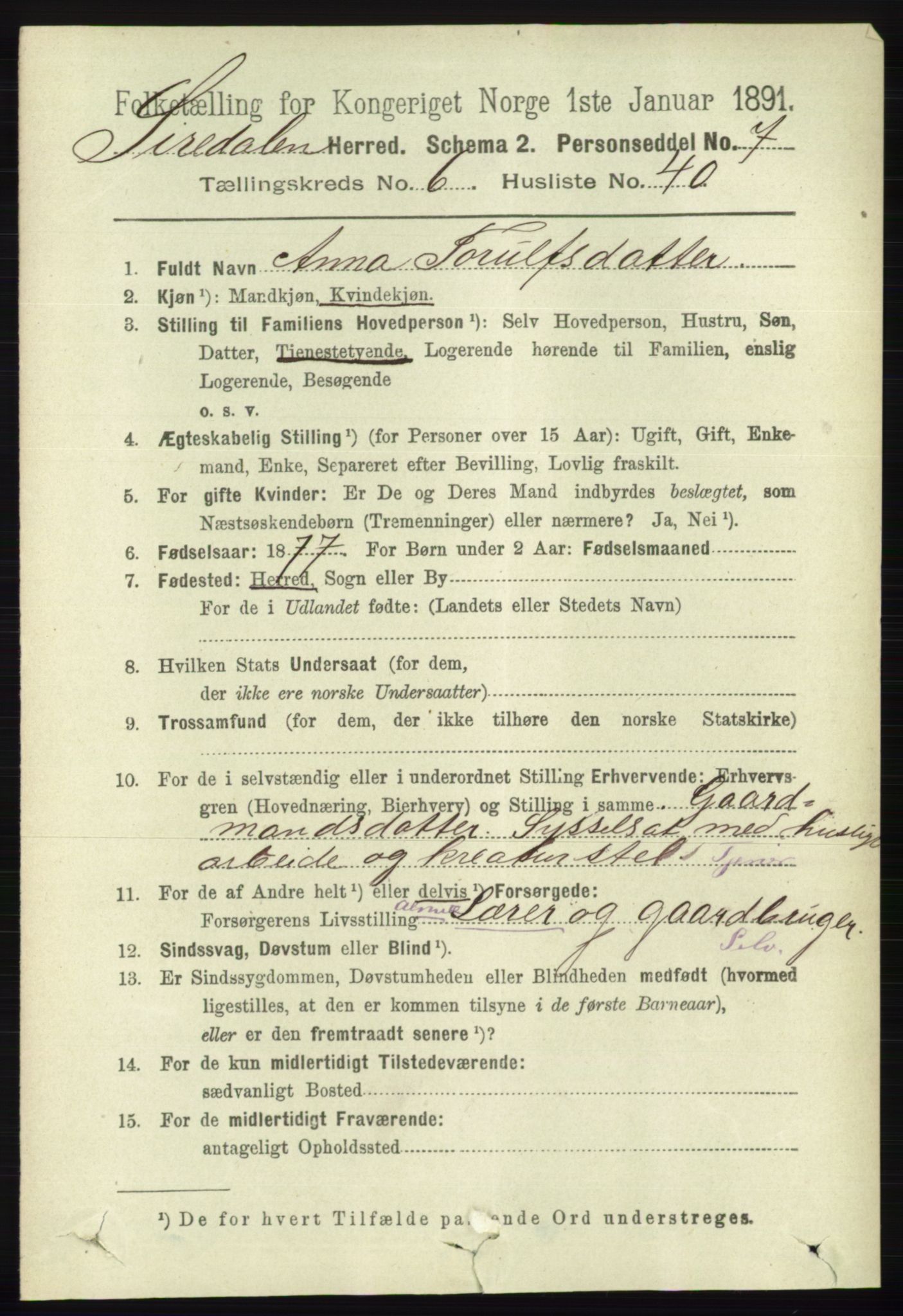 RA, 1891 census for 1046 Sirdal, 1891, p. 1914