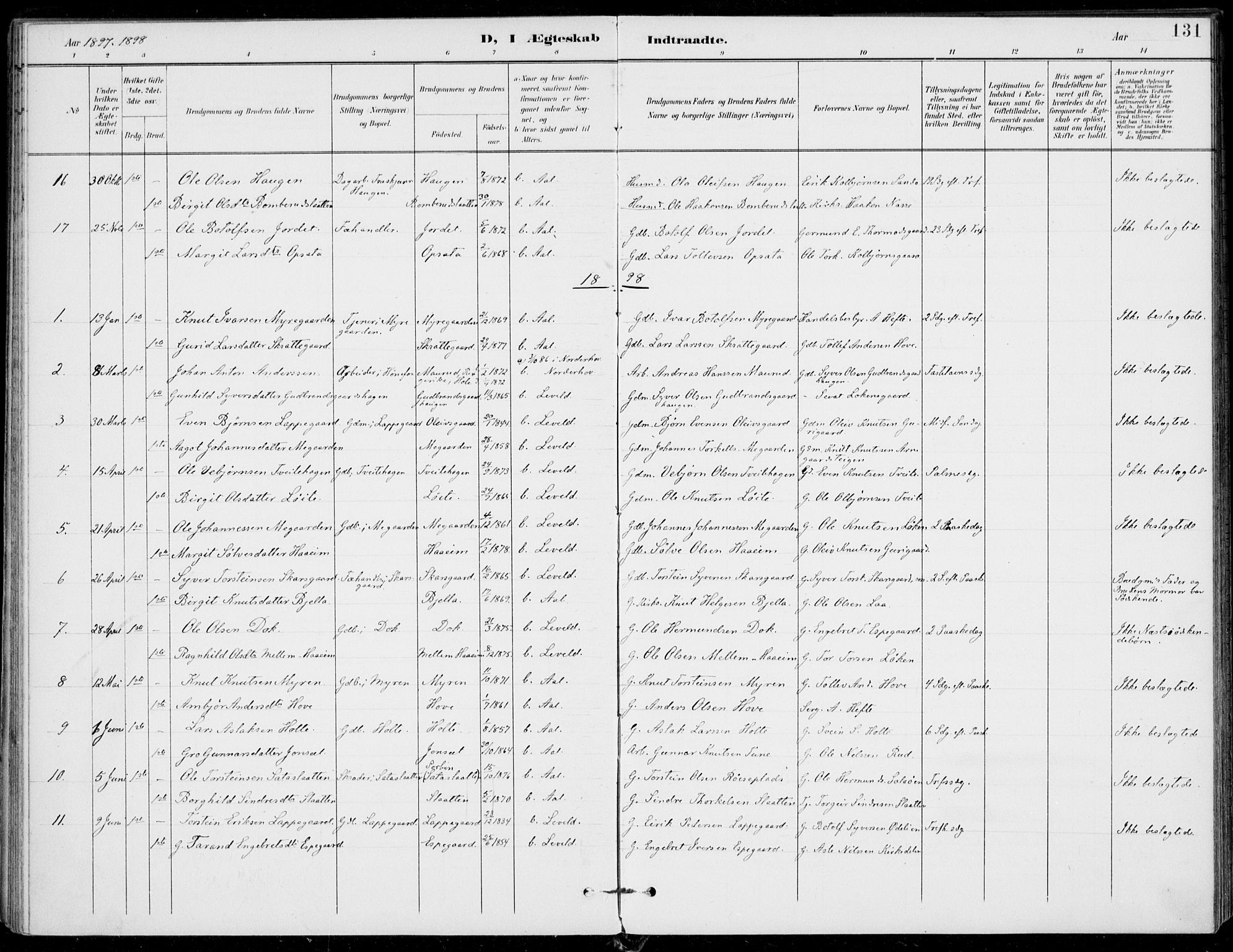 Ål kirkebøker, SAKO/A-249/F/Fa/L0009: Parish register (official) no. I 9, 1897-1915, p. 131