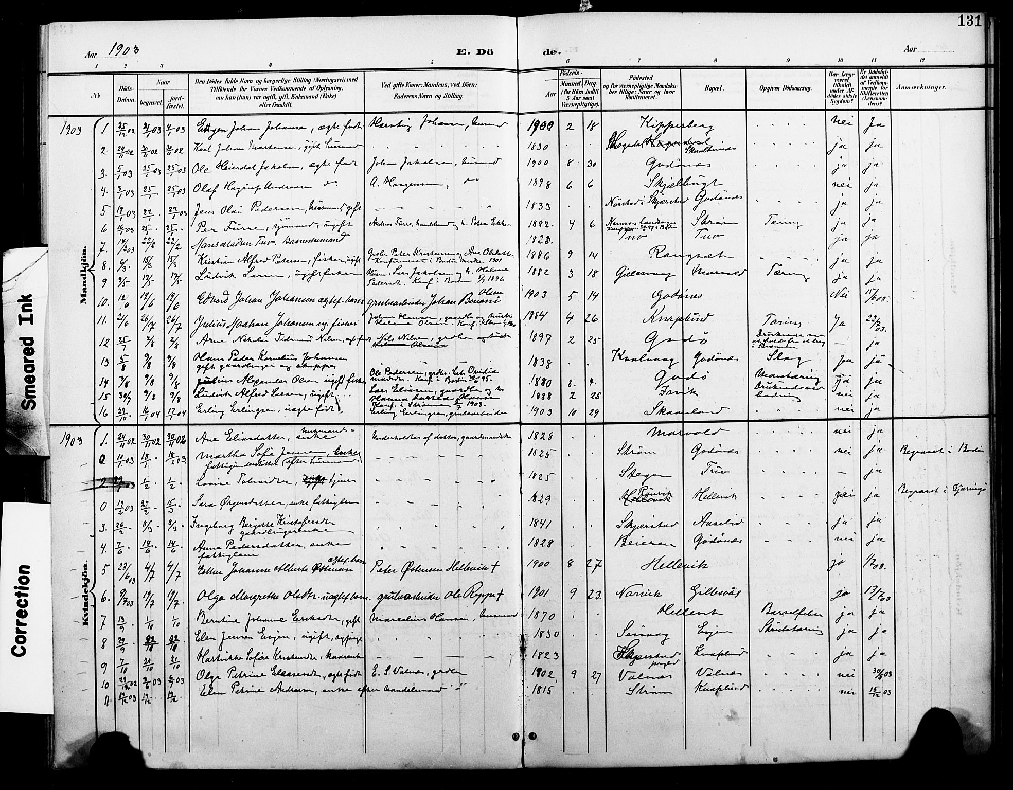 Ministerialprotokoller, klokkerbøker og fødselsregistre - Nordland, AV/SAT-A-1459/804/L0088: Parish register (copy) no. 804C01, 1901-1917, p. 131