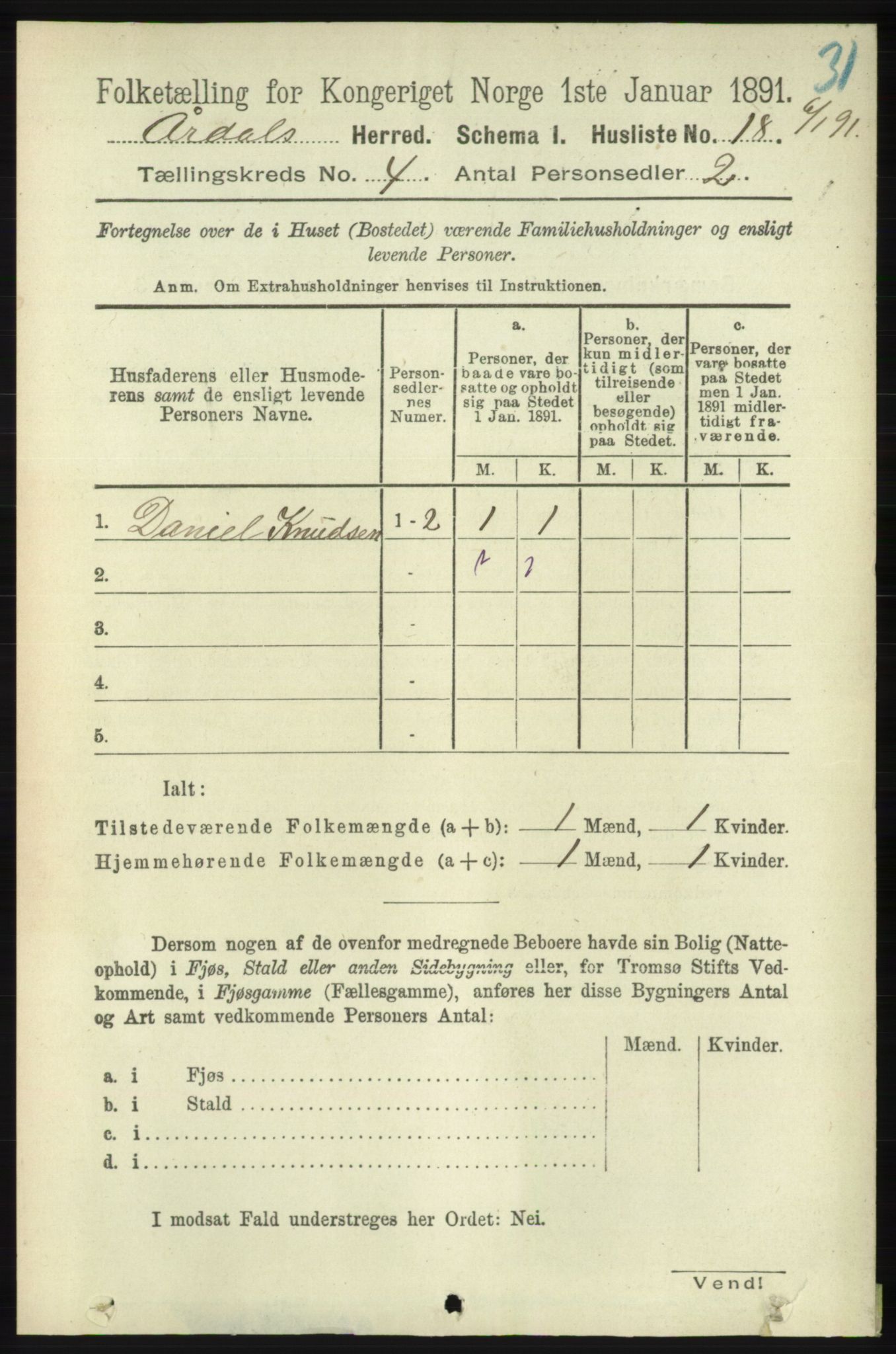 RA, 1891 census for 1131 Årdal, 1891, p. 1088