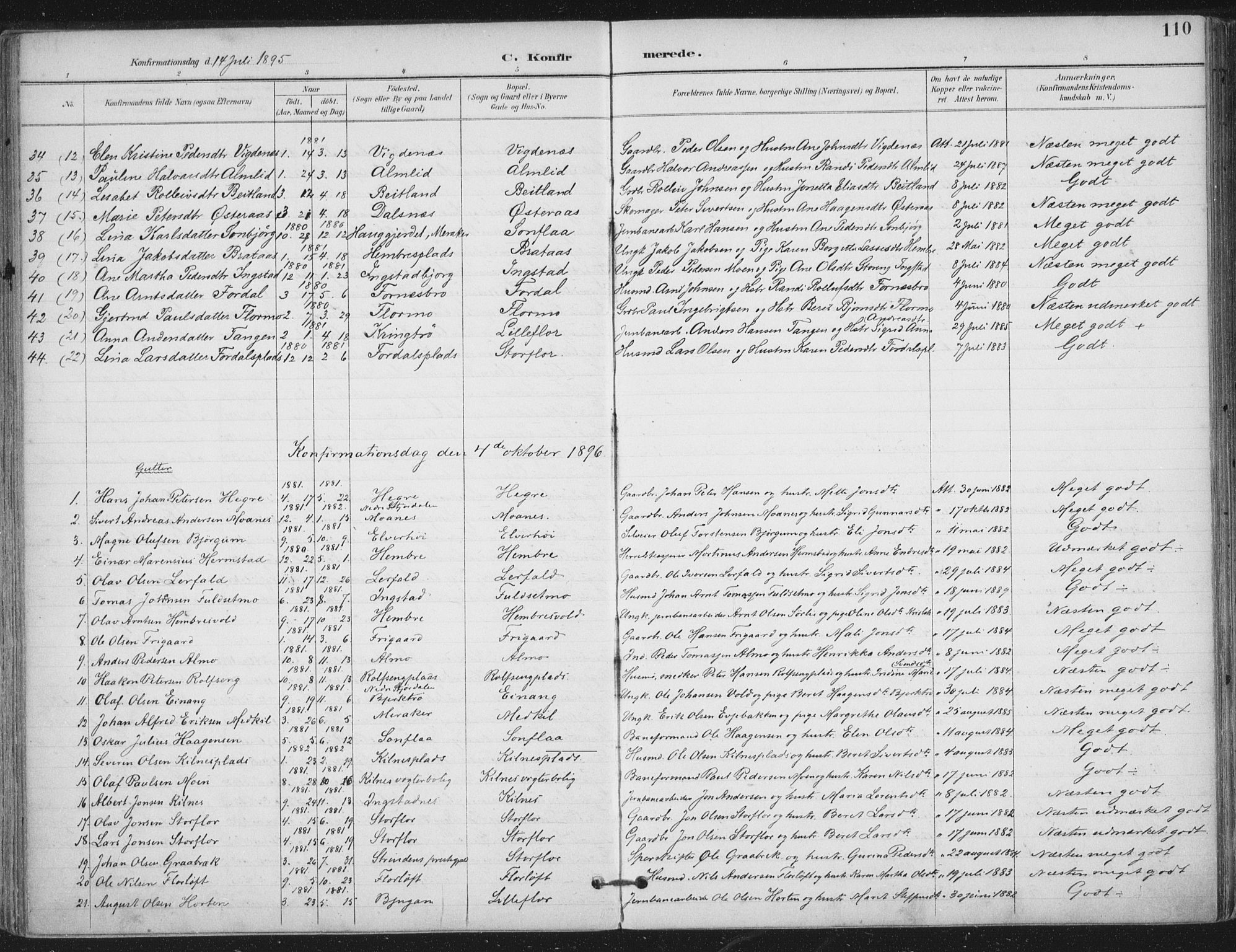Ministerialprotokoller, klokkerbøker og fødselsregistre - Nord-Trøndelag, SAT/A-1458/703/L0031: Parish register (official) no. 703A04, 1893-1914, p. 110
