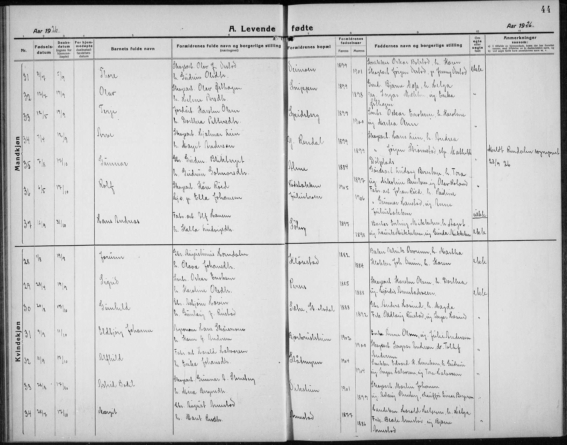 Åmot prestekontor, Hedmark, AV/SAH-PREST-056/H/Ha/Hab/L0005: Parish register (copy) no. 5, 1921-1934, p. 44