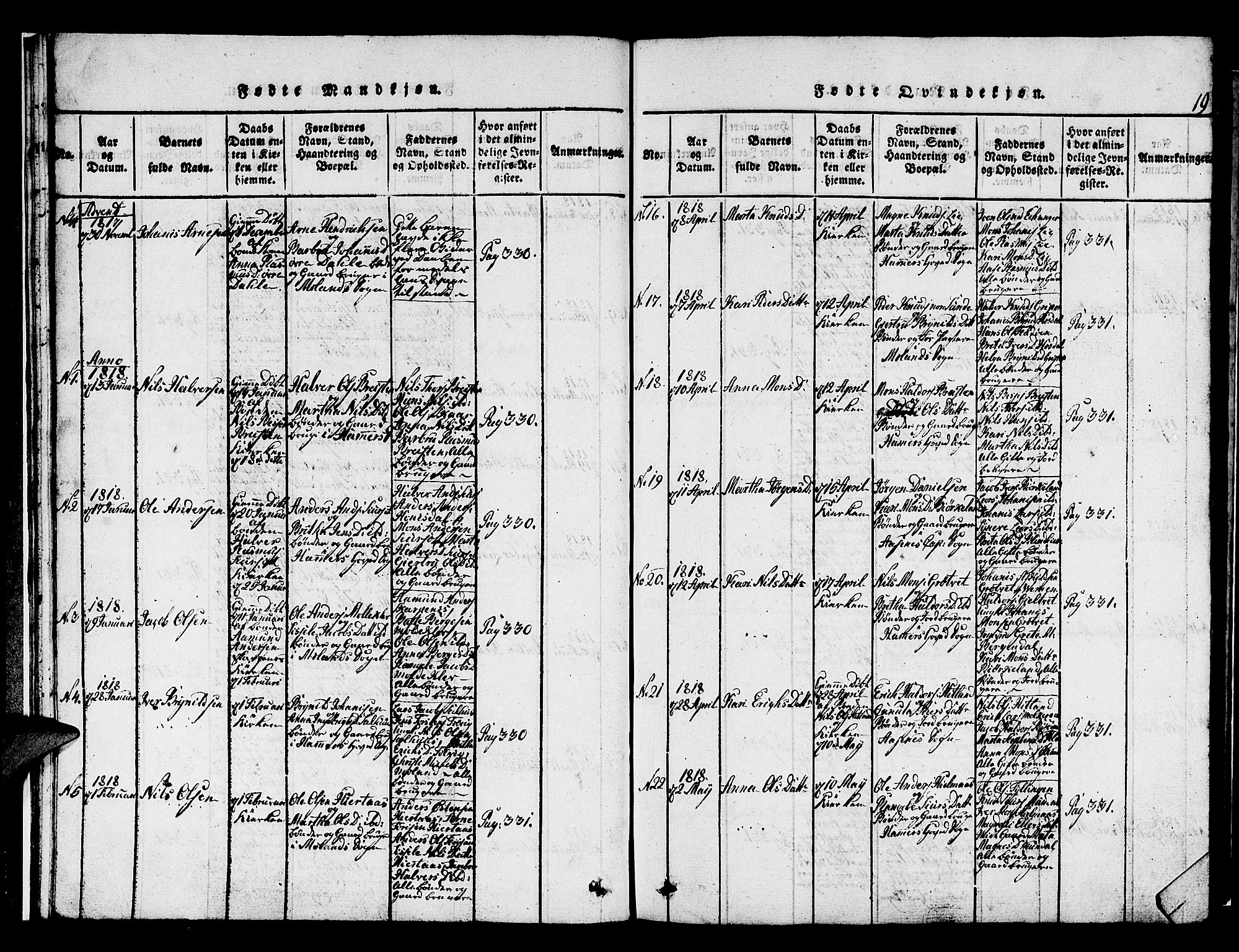 Hamre sokneprestembete, SAB/A-75501/H/Ha/Hab: Parish register (copy) no. A 1, 1816-1826, p. 19