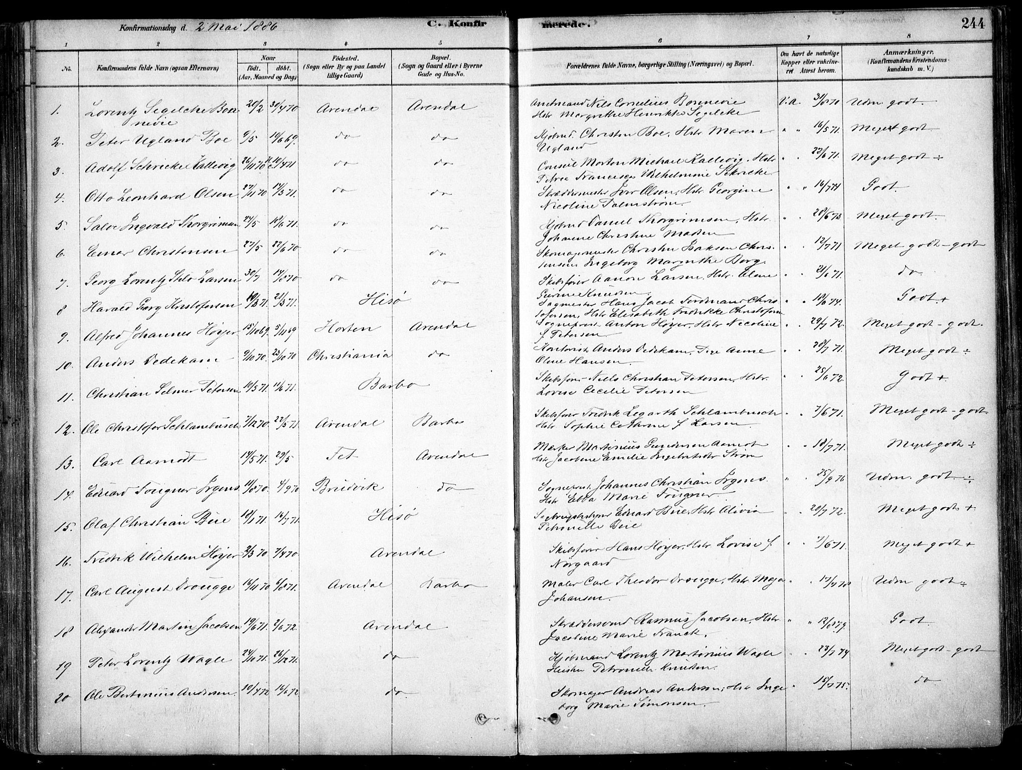 Arendal sokneprestkontor, Trefoldighet, SAK/1111-0040/F/Fa/L0008: Parish register (official) no. A 8, 1878-1899, p. 244