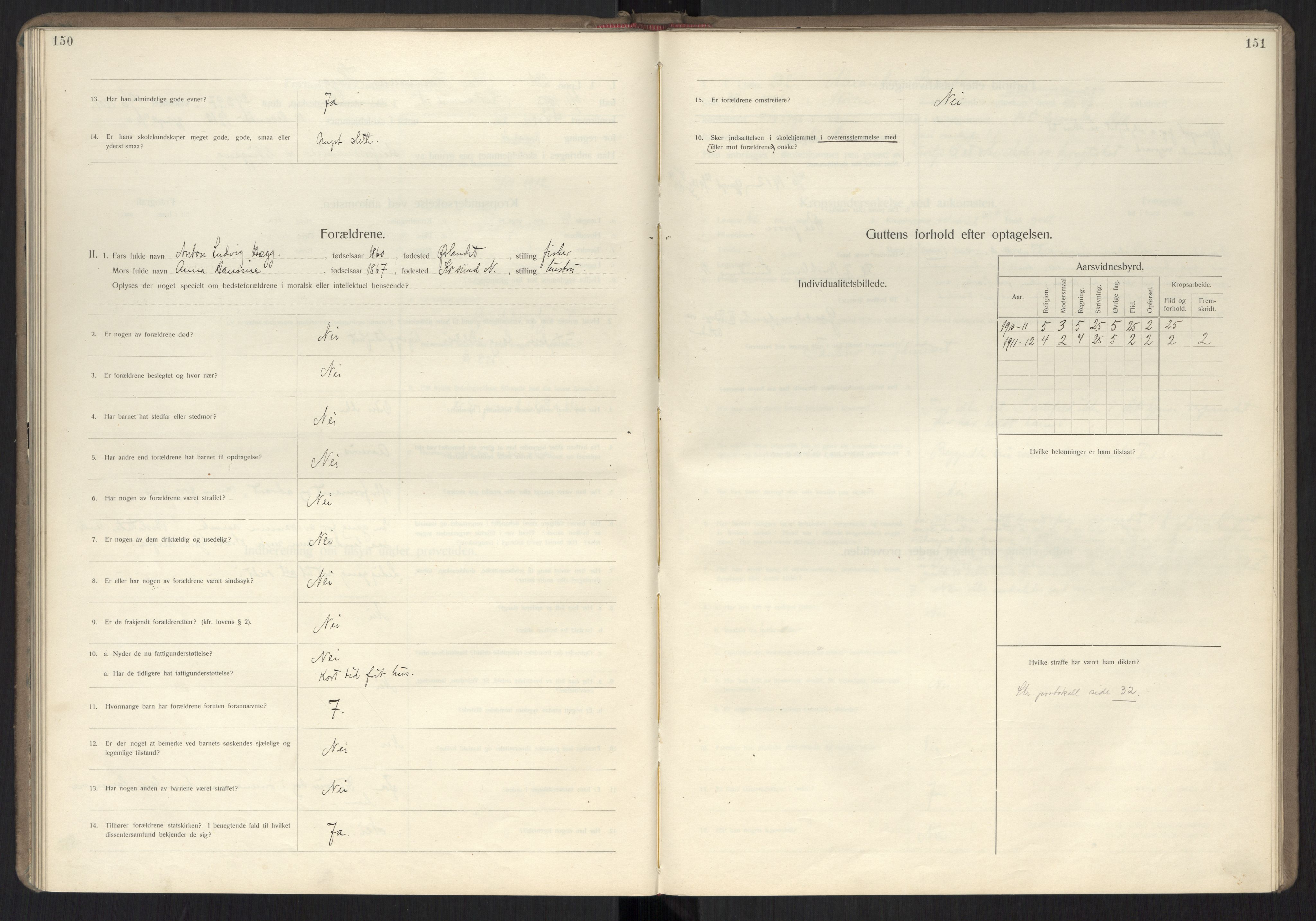 Falstad skolehjem, RA/S-1676/E/Ea/L0007: Elevprotokoll nr. 3 løpenr. 194-268, 1909-1913, p. 150-151