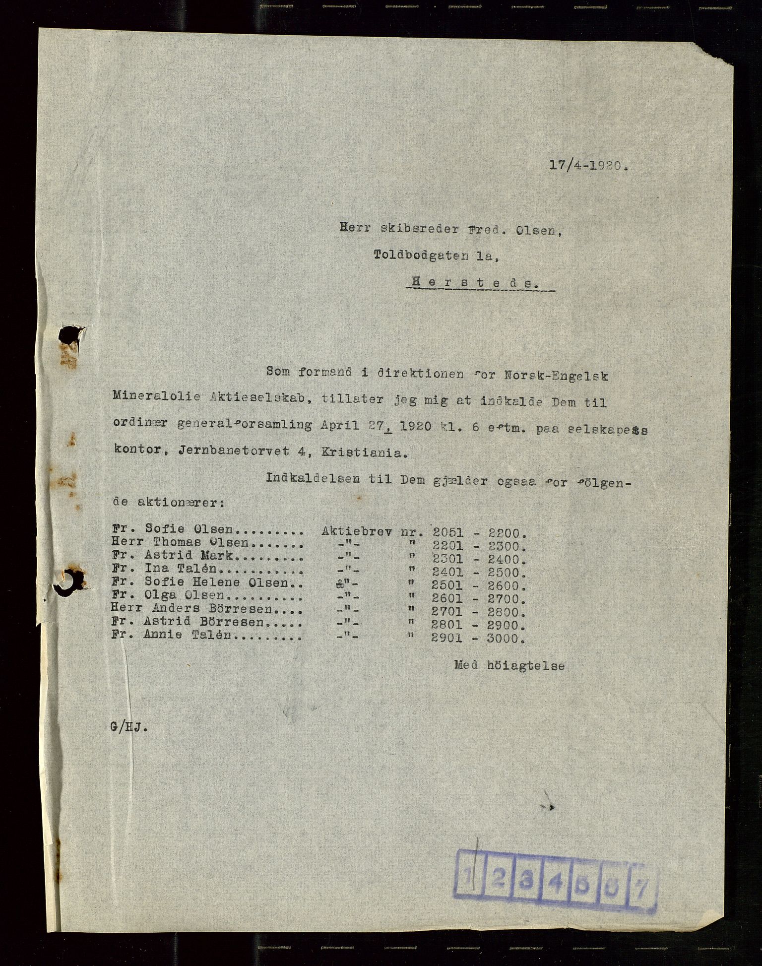 Pa 1521 - A/S Norske Shell, SAST/A-101915/E/Ea/Eaa/L0010: Sjefskorrespondanse, 1920, p. 189